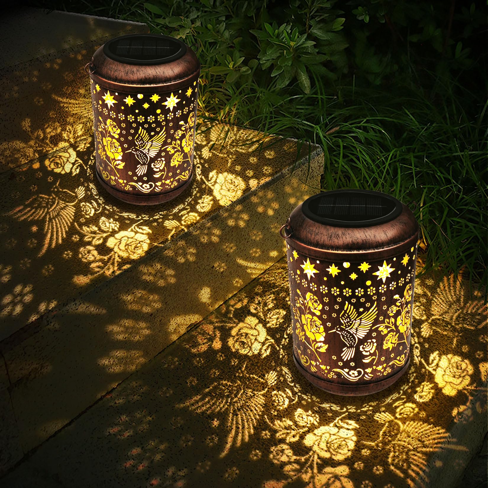 Kaixoxin 2 Pack Solar Garden Decor Metal Lantern Hummingbird Table Lamp Bronze Outdoor Dercoration Great Gift For Women Mon Gran