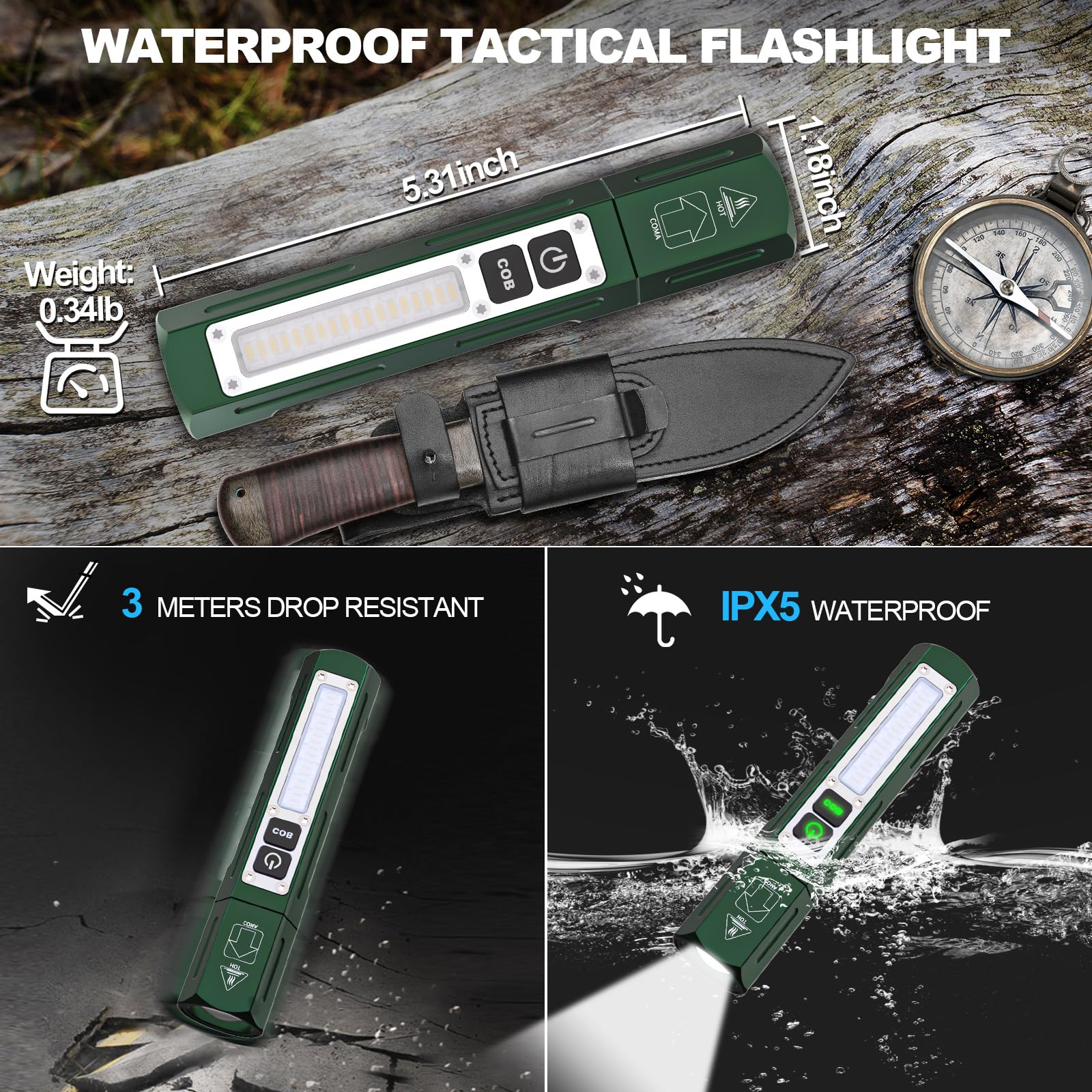 Banral Rechargeable Flashlight - Super Bright LED, 8 Modes, Compact Design, Hunter Green, Model K-2309C-PB