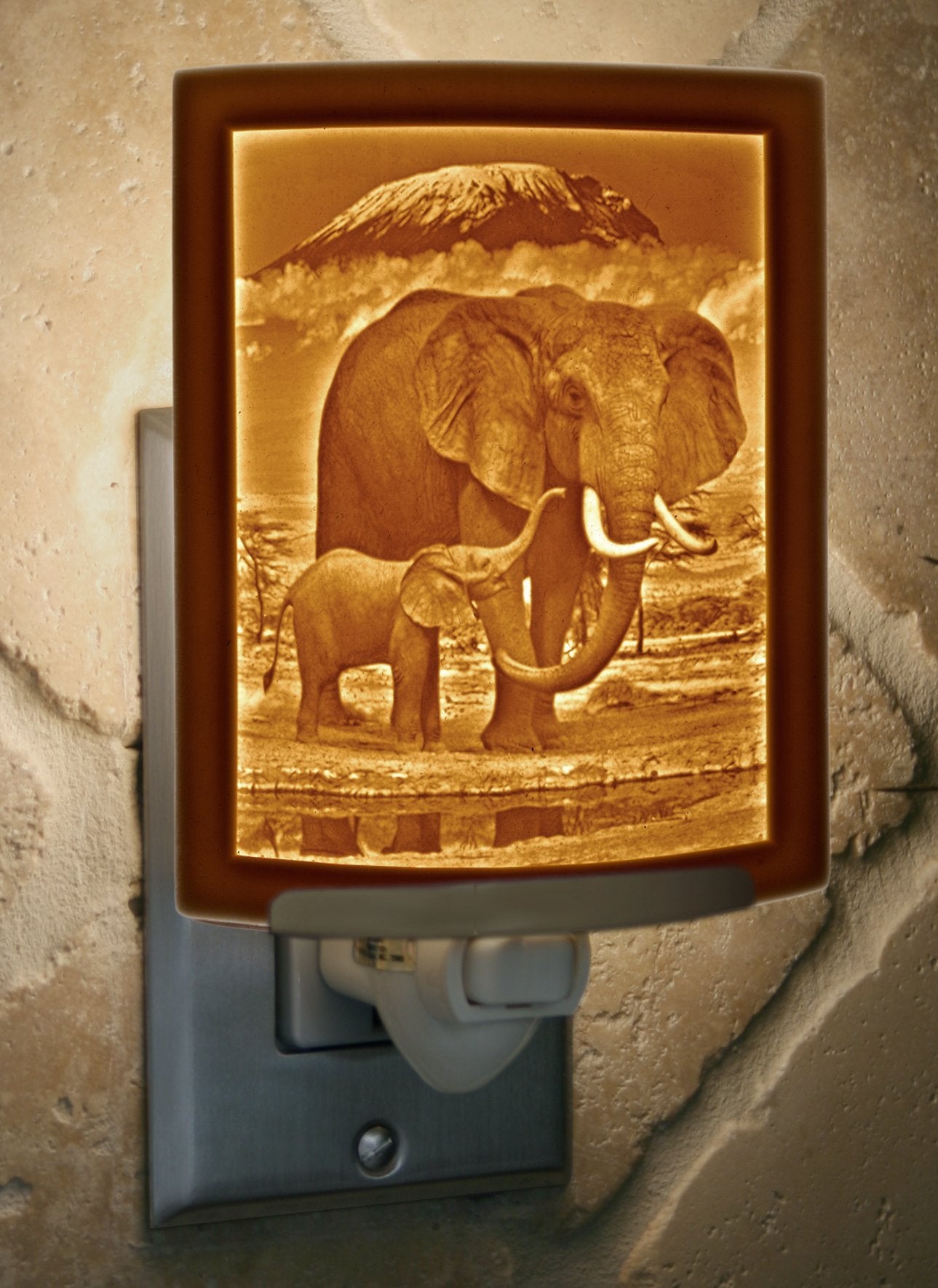 The Porcelain Garden Night Light - Porcelain Elephant and Calf - Cream - Model NR 298 - Decorative Wall Plug for Nursery and Home
