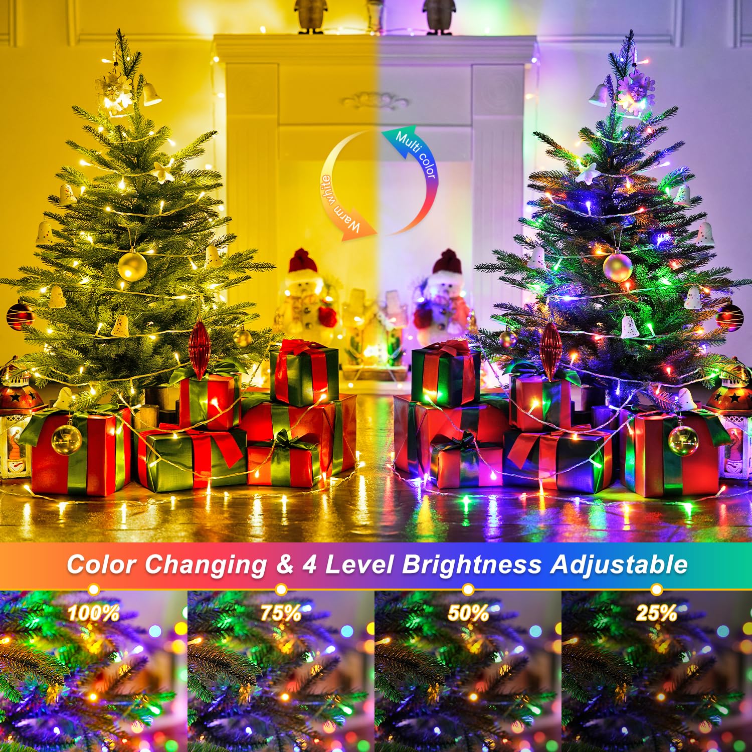 JMEXSUSS 2 Pack 100 LED Color Changing Christmas Lights, Connectable Warm White & Multicolor Christmas Lights Outdoor Waterproof