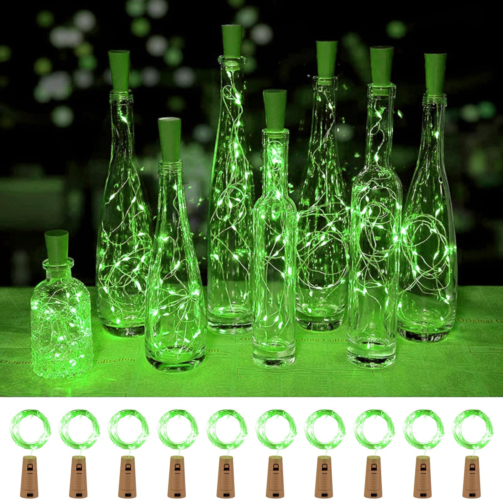 Brightown Wine Bottle Lights with Cork - 10 Pack 7ft 20 LED Battery Operated Cork Lights, Waterproof Silver Wire Mini Fairy Lights for Liquor Bottles DIY Party Holiday Wedding Décor, Green