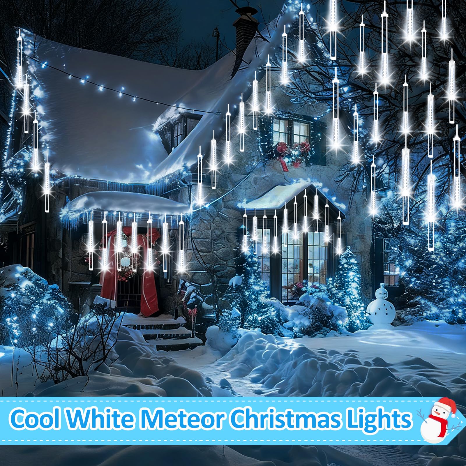 2-Pack Christmas Lights Outdoor  16Tubes 384Leds Extendable Meteor Shower Lights  Falling Rain Light Waterproof Plug In Tree Light For Christmas Backyard Garden Patio Xmas Decoration (Cool White)