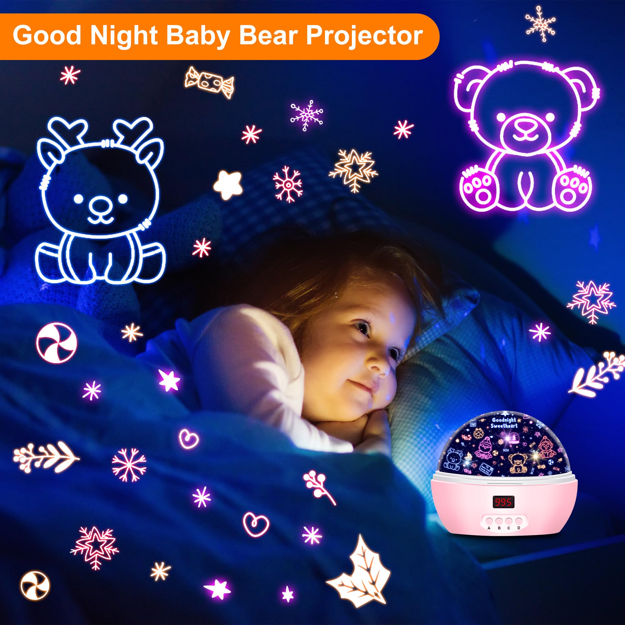 Mokoqi Kid Unicorn Night Light For Girls  And Baby Bear Night Lights Rotating Light Projector With Timer Color Changing Birthday Gifts For 3-5-10 Year Old Girls