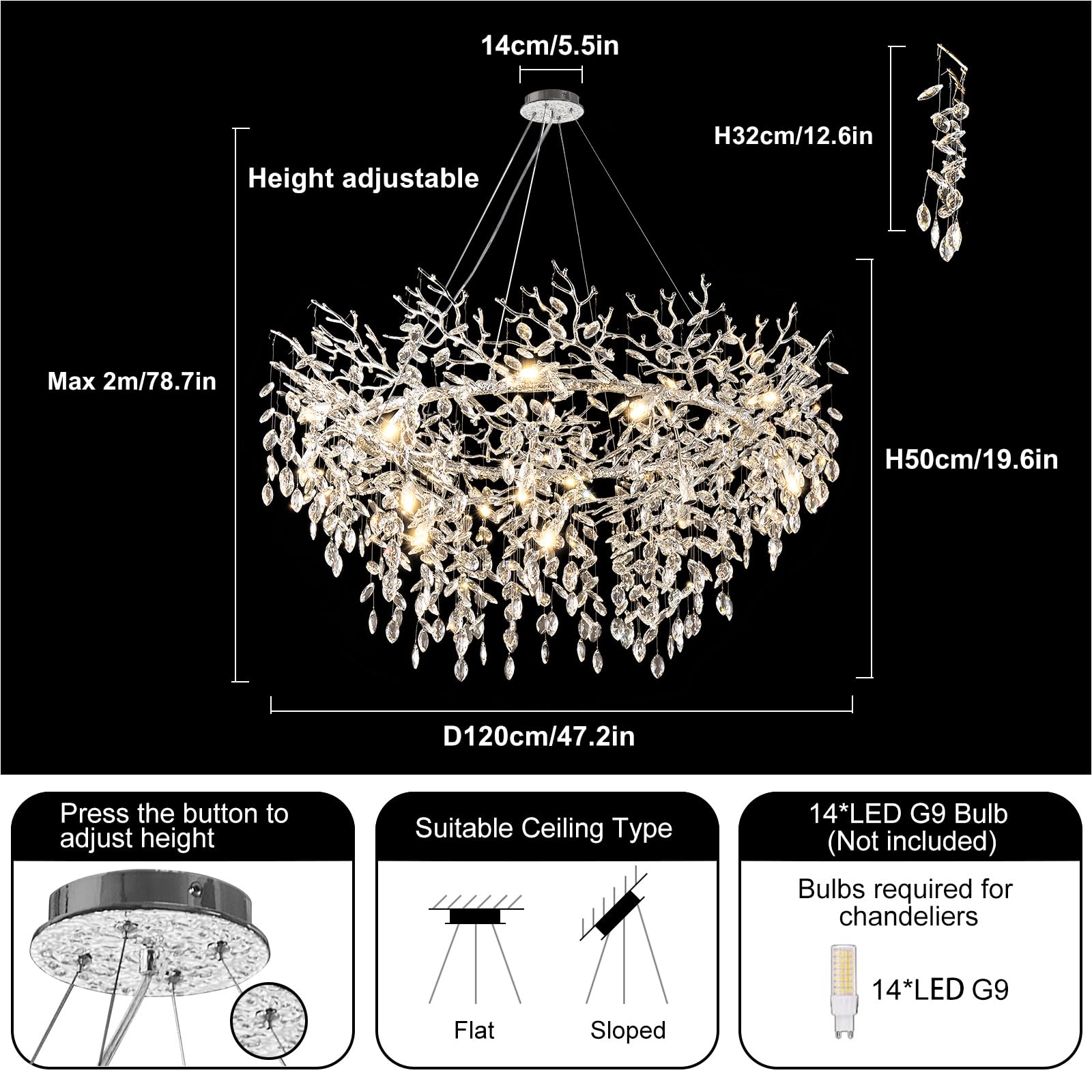 Kvtinmty 14-Light Round Silver Crystal Chandelier, 48" D, Modern Design for Living Room, Dining Room, Bedroom, Foyer