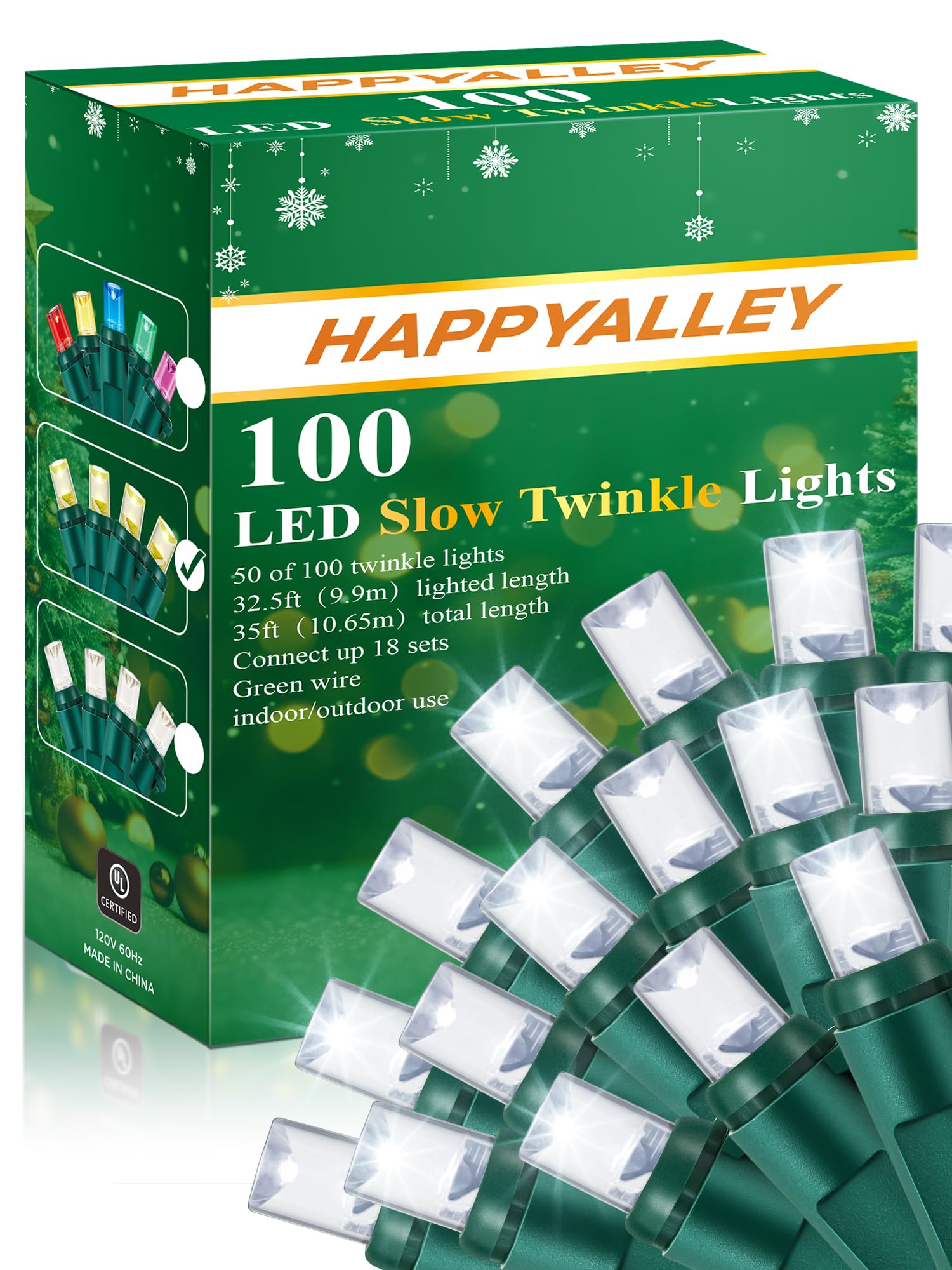 HappyAlley 100LED 35 Ft Slow Twinkle Christmas Light, 50 of 100 Bulb Twinkle, 5mm LED Wide Angle Soft Random Shimmering Lights, 