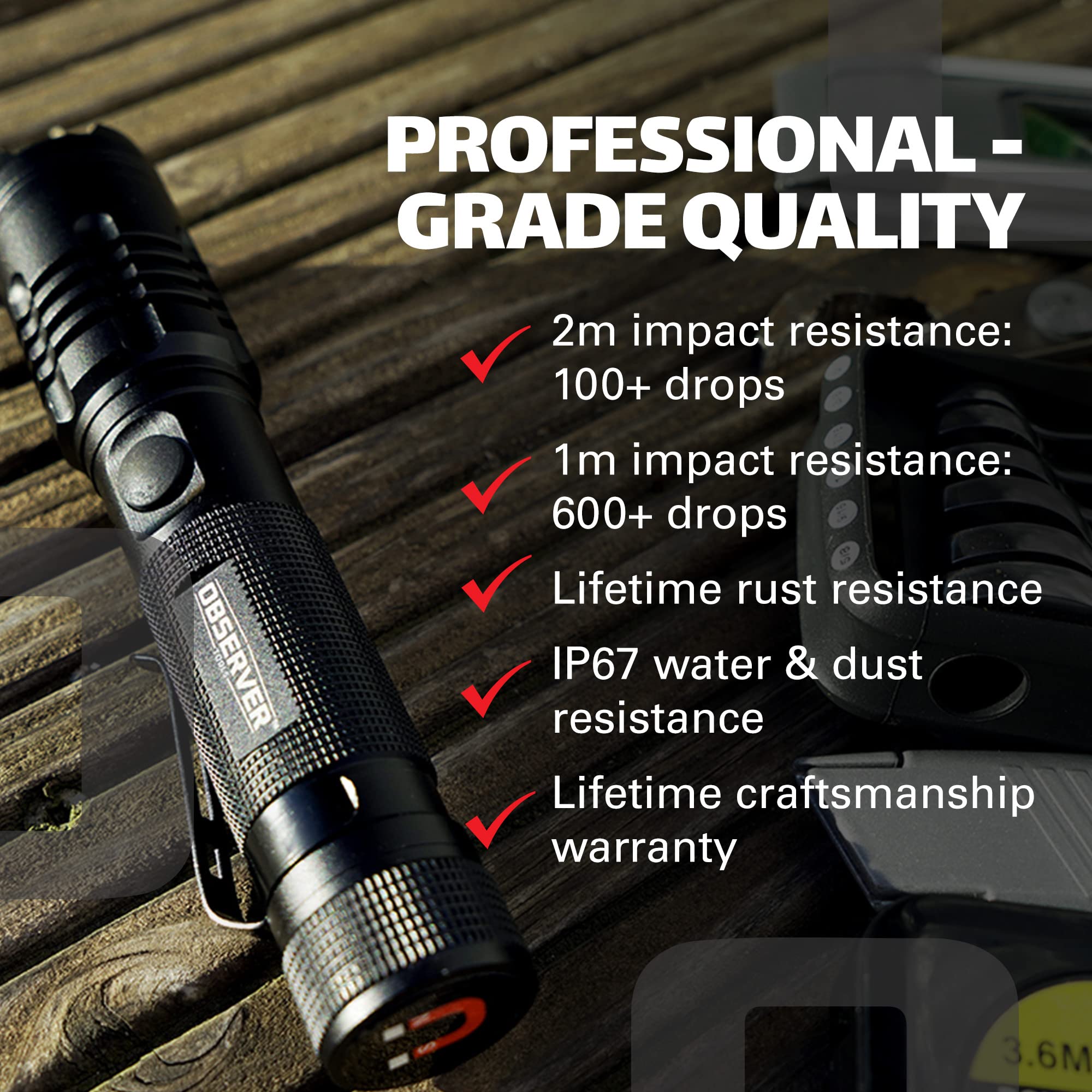 Observer Tools Tactical Flashlight, 1200 Lumens, Rechargeable, Aluminum, Orange, Model FL1000-O, Includes AAA Adapter