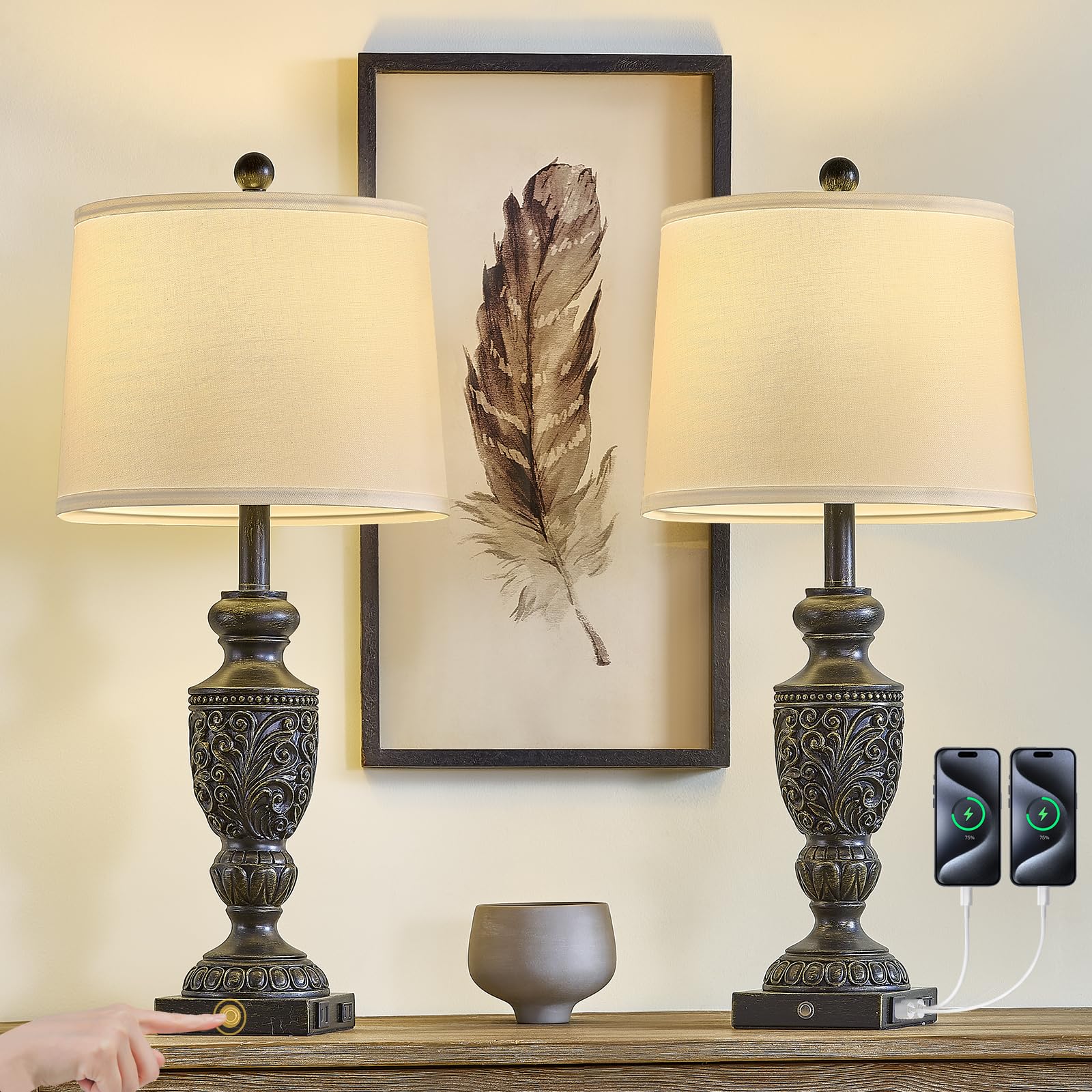 SAIWEYA 26.5in Farmhouse Table Lamp Set of 2, 3-Way Dimmable Touch Control, Vintage Rustic, Blue, Model TM-T05
