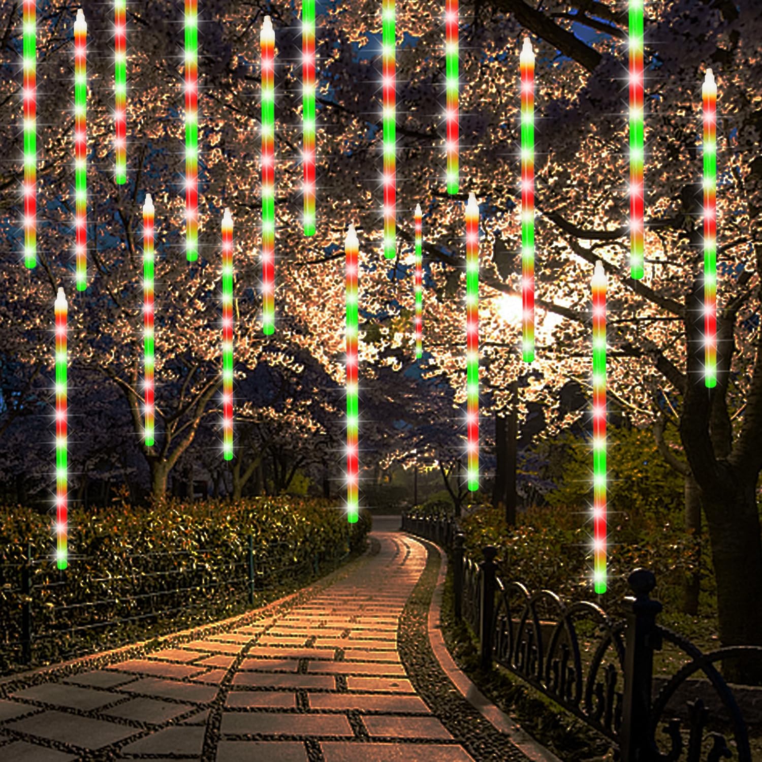 LJLNION 24 Tubes Meteor Shower Lights, 864 LED, 12 Inch, Red & Green, Outdoor Christmas Decor, Connectable Icicle Lights