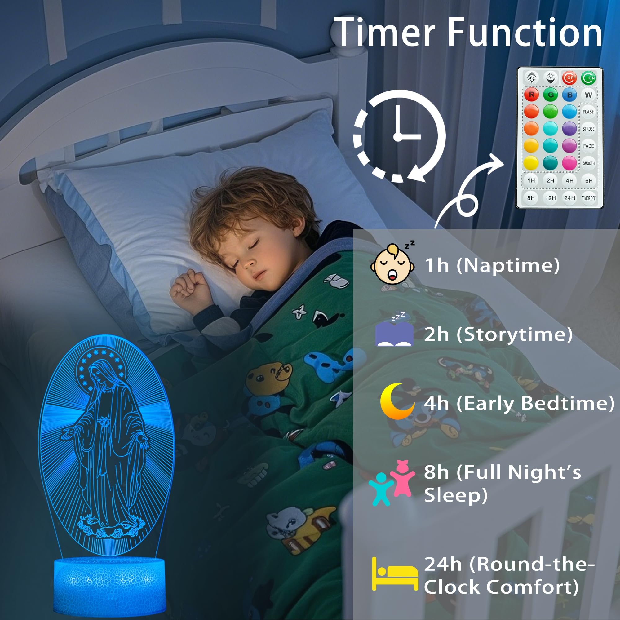 POSSHE 3D Virgin Mary Night Light, 16 Color Changing, Remote Control, 8.3" H, ABS Material, Model MY-3D LAMP-CRACK