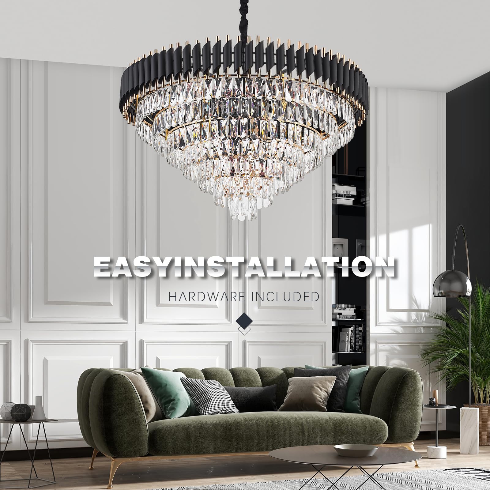 brfaixla 7-Tier Crystal Chandelier, 35.4" Diameter, 18-Light, Black & Gold, Modern Ceiling Light Fixture for Living Room, Villa, Foyer