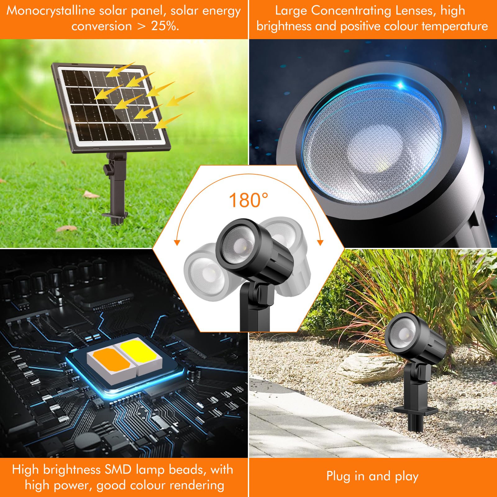 Meihua Solar Spot Lights Outdoor Garden, 4 In 1 2700K/4000K/6500K Adjustable Led Solar Powered Spotlight, Ip66 Waterproof Solar Landscape Spotlights 3 Brightness For Garden Pathway Yard Tree