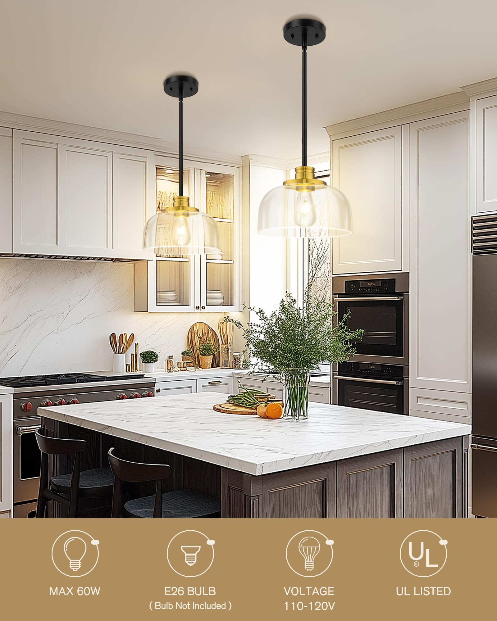 Emak 10" Black and Gold Pendant Light Fixture, Modern Clear Glass Shade, Model PL131-BKBGD-CG for Kitchen, Dining Room, Bathroom, Bar