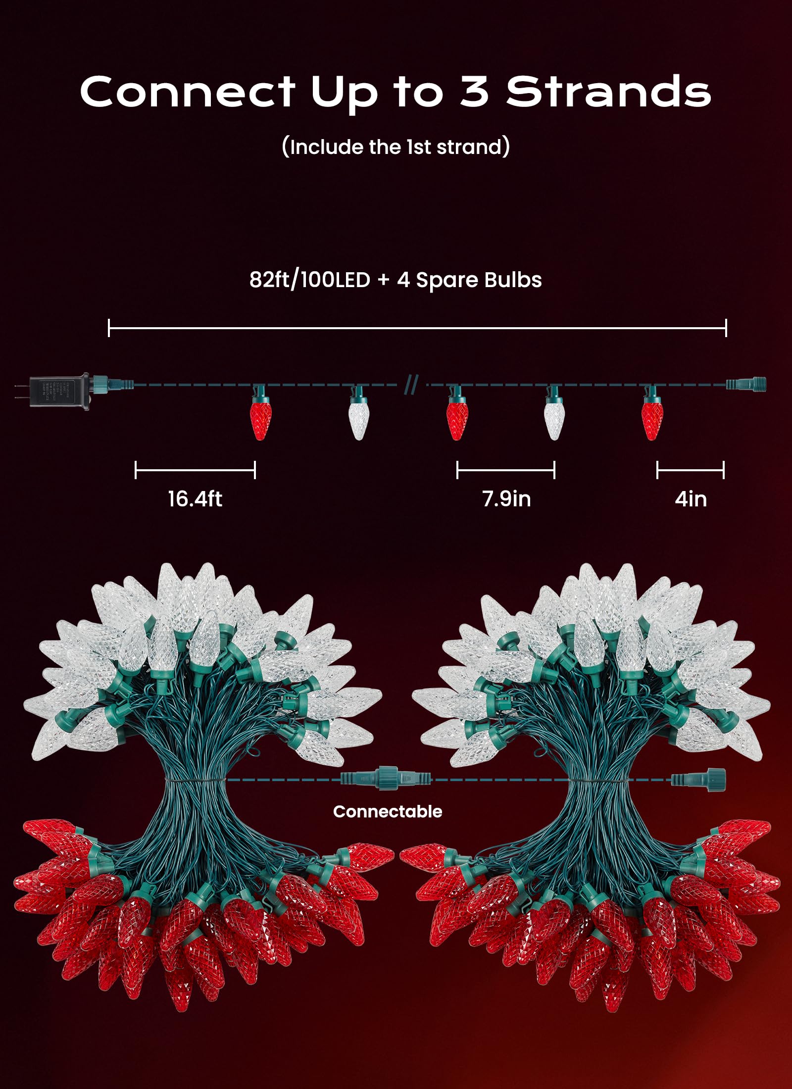 C9 Christmas Lights Outdoor  66 Ft 100 Led Connectable C9 String Lights With 8 Modes And Timer Xmas Tree Patio Roofline Garden Yard Holiday Party Indoor Outdoor Decoration  Red And Warm White