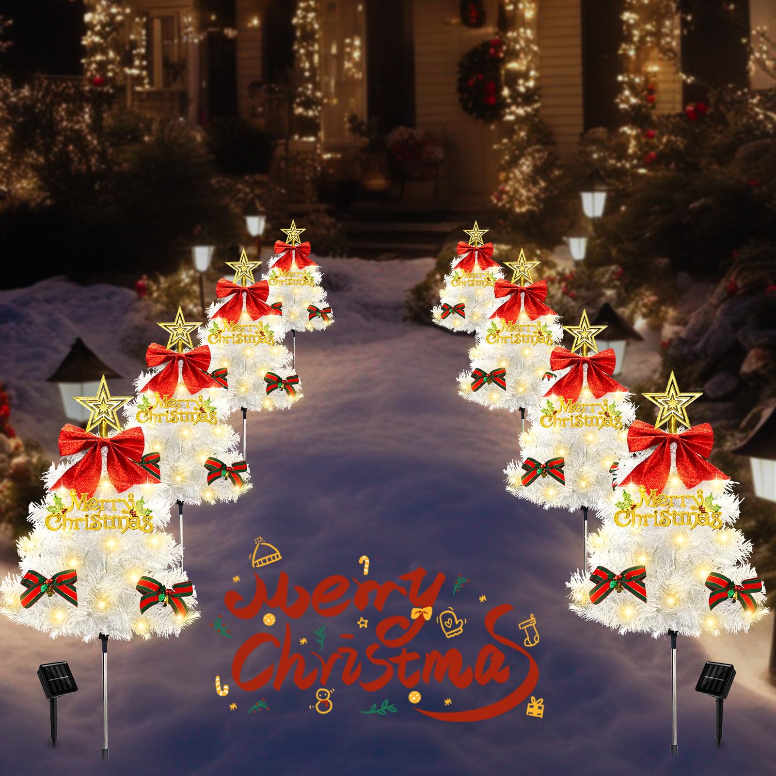 4 Pack Christmas Tree Solar Pathway Lights Outdoor Decorations  Waterproof Artificial Mini Xmas Tree Stake Lights With Diy Ornamets For Garden Yard Porch Decor (White Tree)