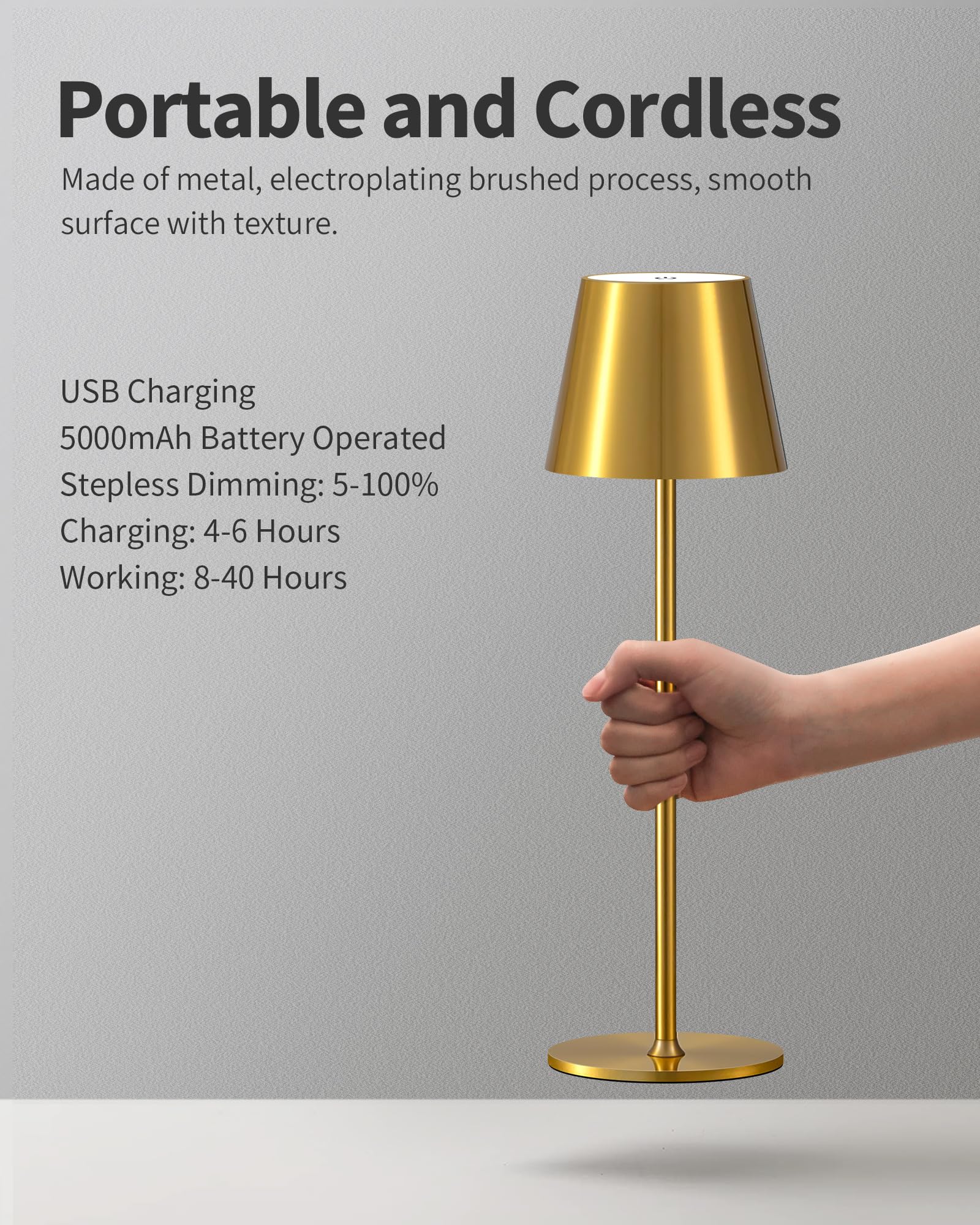 PUSU Cordless Rechargeable Table Lamp Set of 2, LED, 3 Color Stepless Dimming, Metal, Gold, Model AMZ-TBL-020