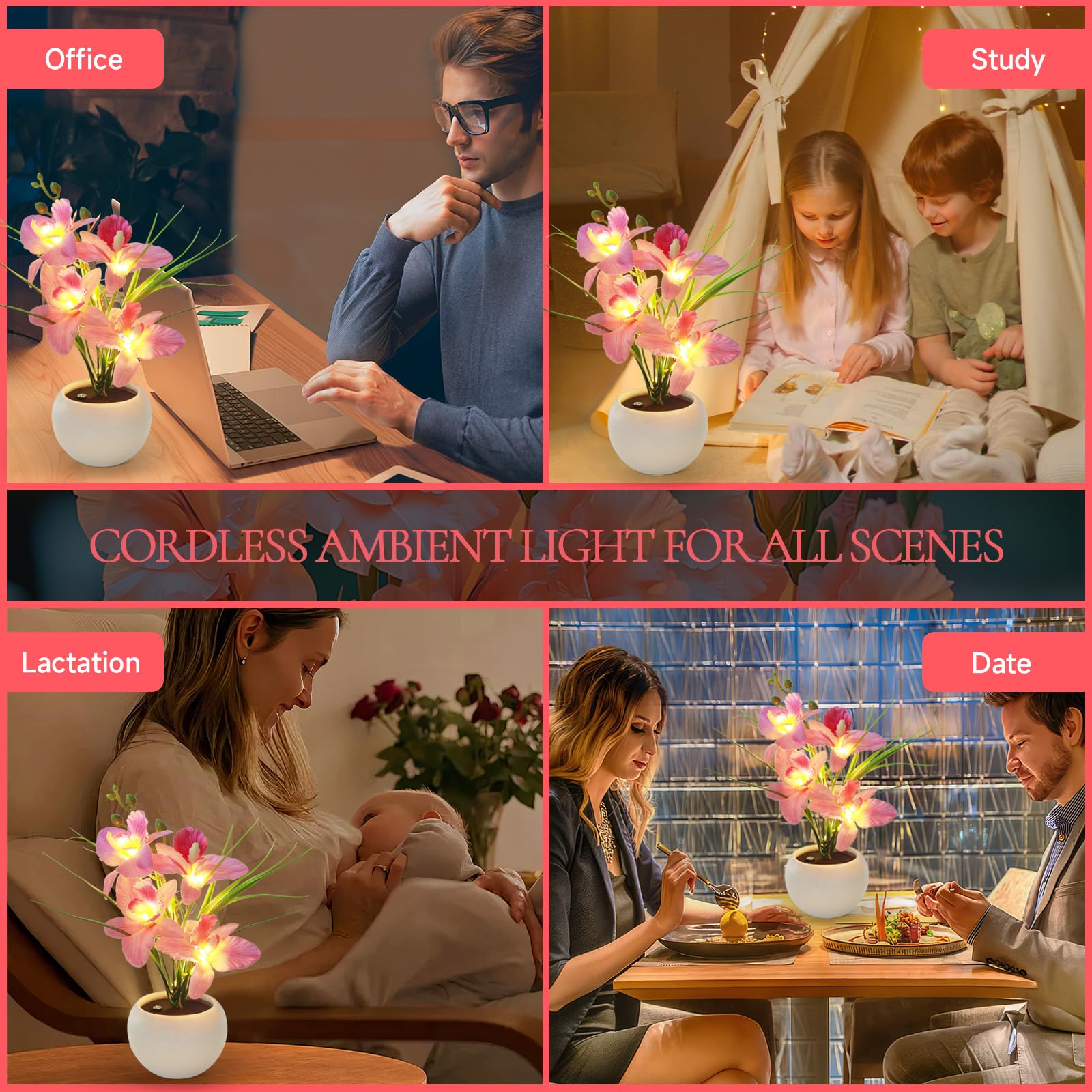Strackvial Artificial Flower Night Light, Touch Stepless Dimming Usb Rechargeable Pink Orchid Flower With Vase Lamp, Led Desktop