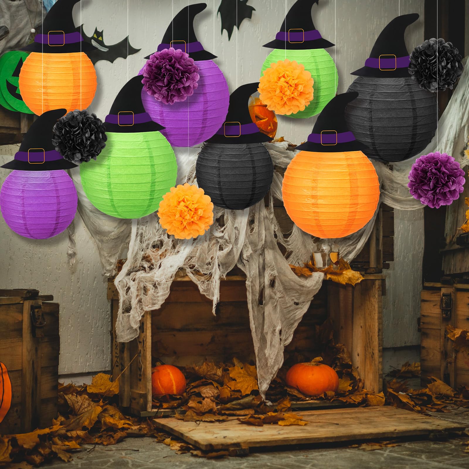 Retisee 18 Pcs Halloween Paper Lanterns, Purple and Black, Hanging Decorations with Witch Hat, Indoor/Outdoor Party Supplies