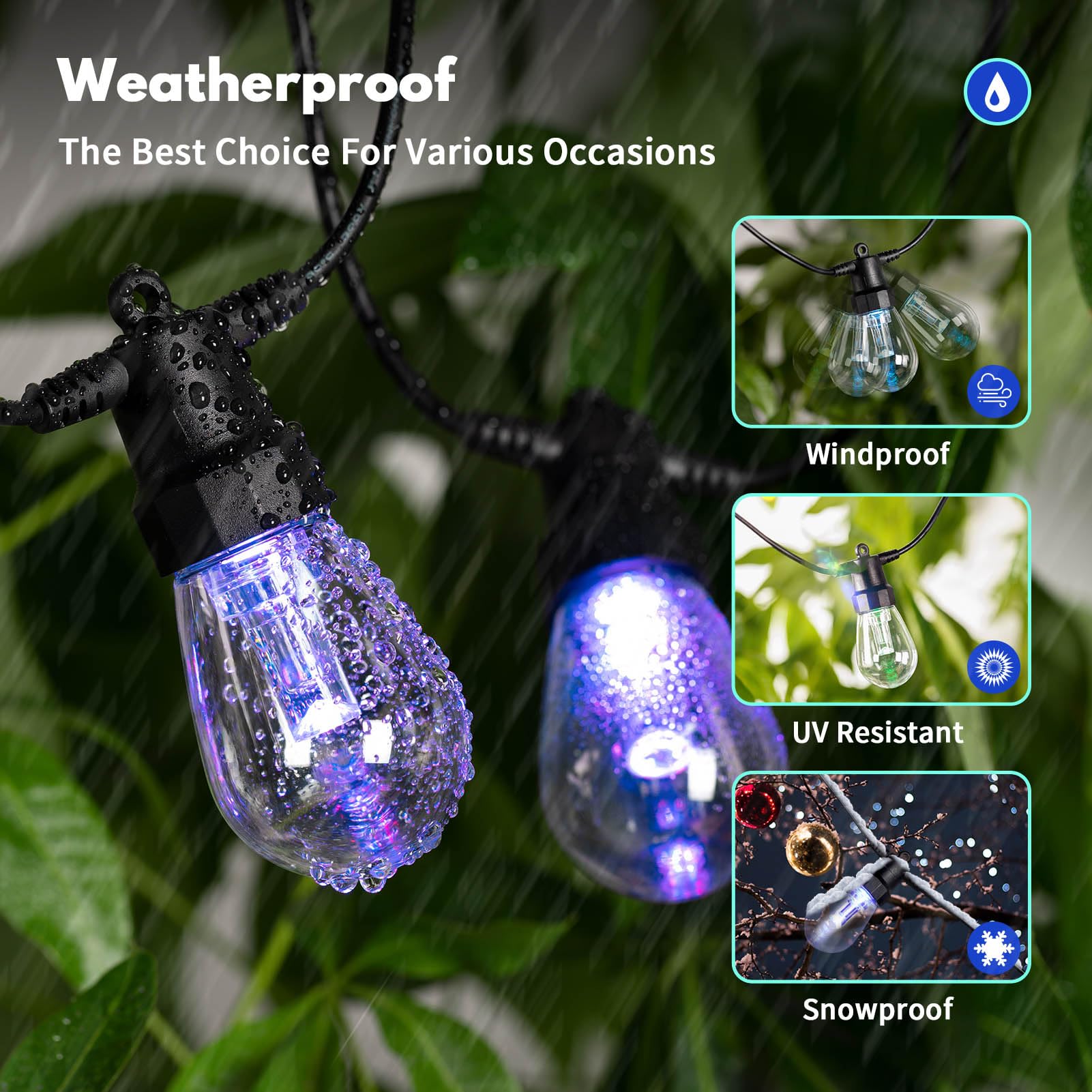 YAIYAN Outdoor String Lights - 50ft Color Changing, Waterproof, 20 Dimmable RGBW Bulbs, Remote & App Control, Shatterproof, Multicolor