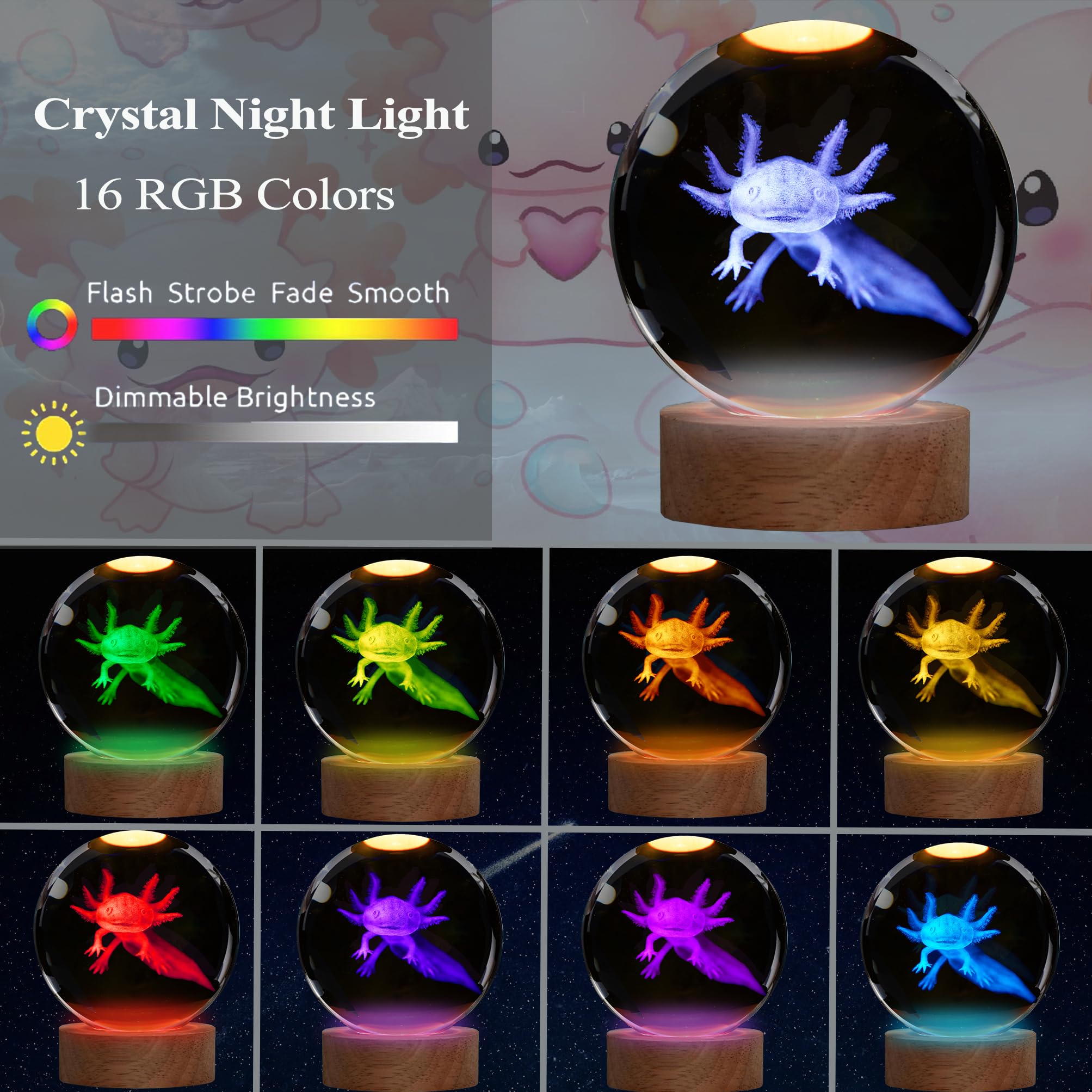 POSSHE Axolotl Night Light - 3D Crystal Ball Lamp with Remote, 16 Colors, 3.15 Inch - Unique Gifts for Boys & Girls, Model MY-3D L