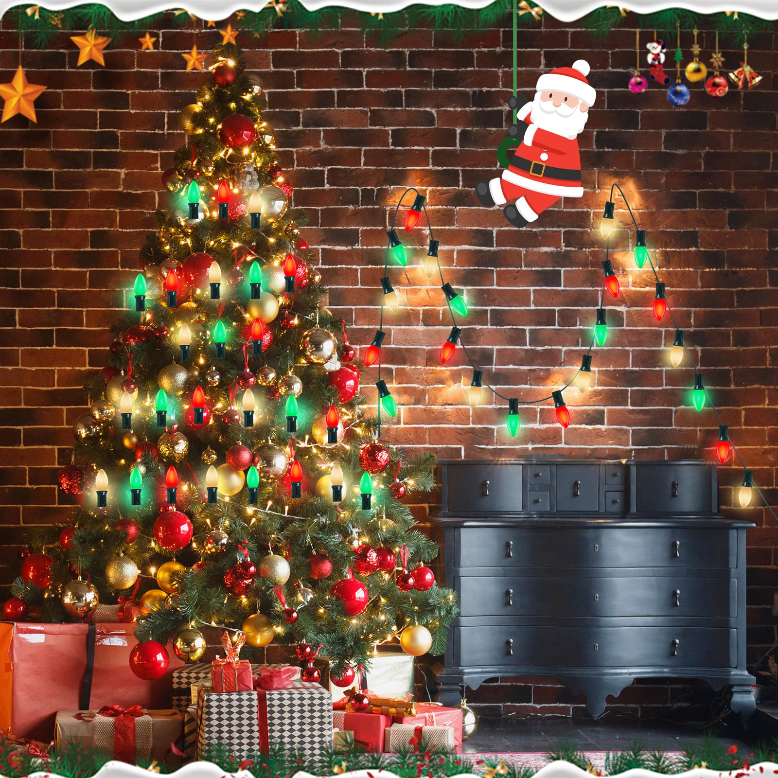 25Ft Red White And Green Christmas Lights, C9 Vintage String With 26 Ceramic Bulbs, Waterproof Connectable Outdoor For House Roo