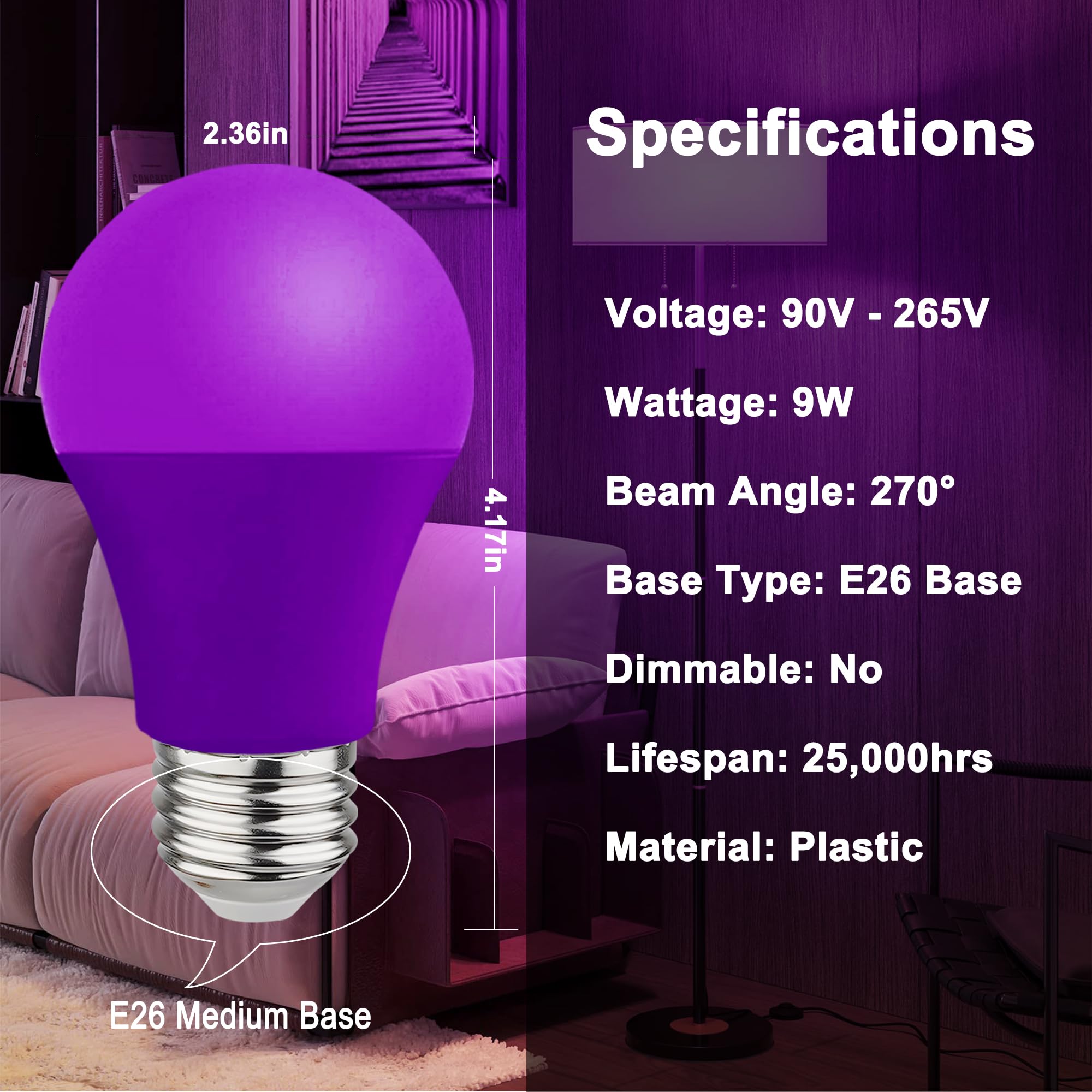 U4Glory Purple Led Light Bulbs - 9W(60W Equivalent) Soft Violet Glow, A19 Bulb With E26 Base, Non-Dimmable Purple Light Bulb For