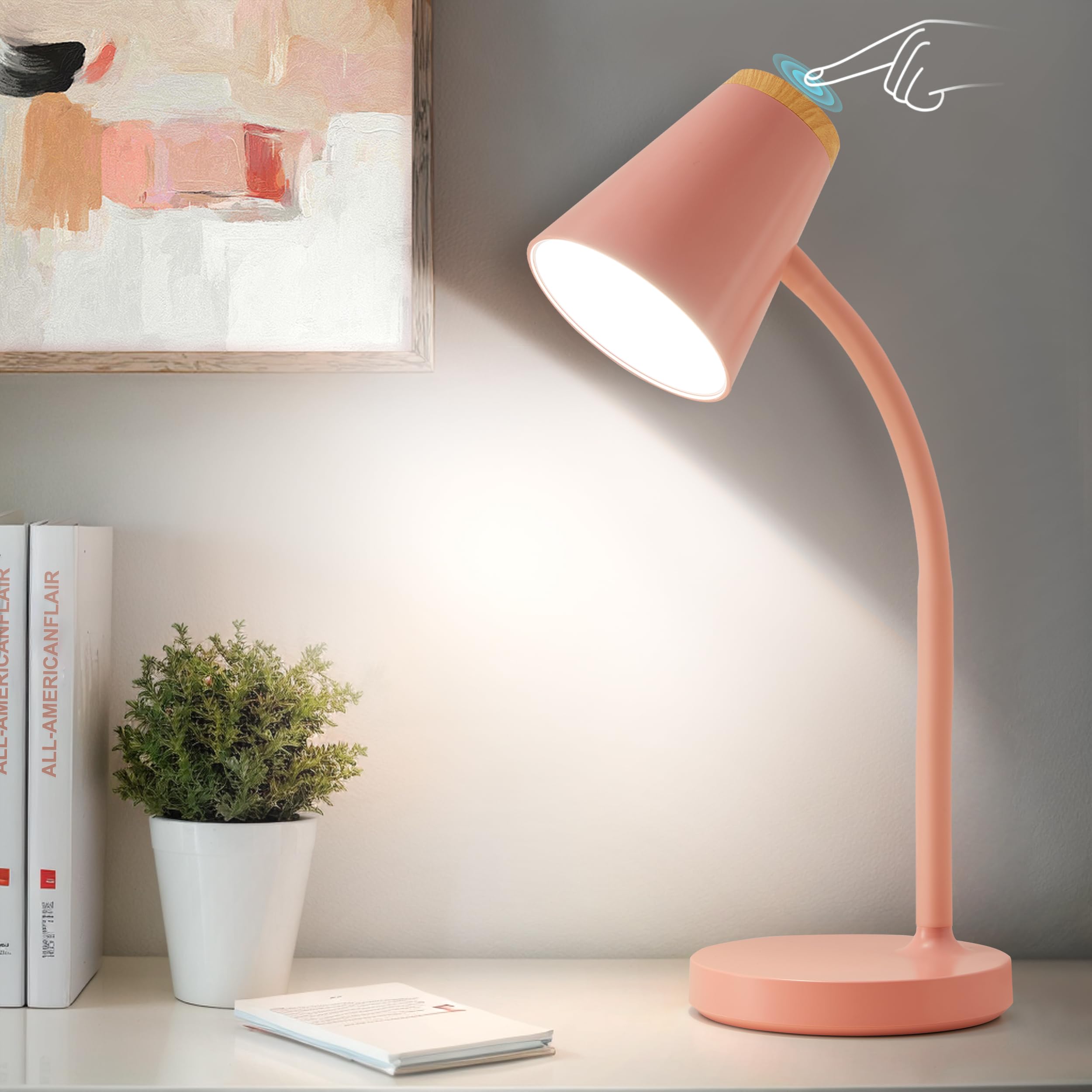 EJIAXIN LED Desk Lamp - Touch Dimmable, Adjustable Gooseneck, Pink, Model 0438