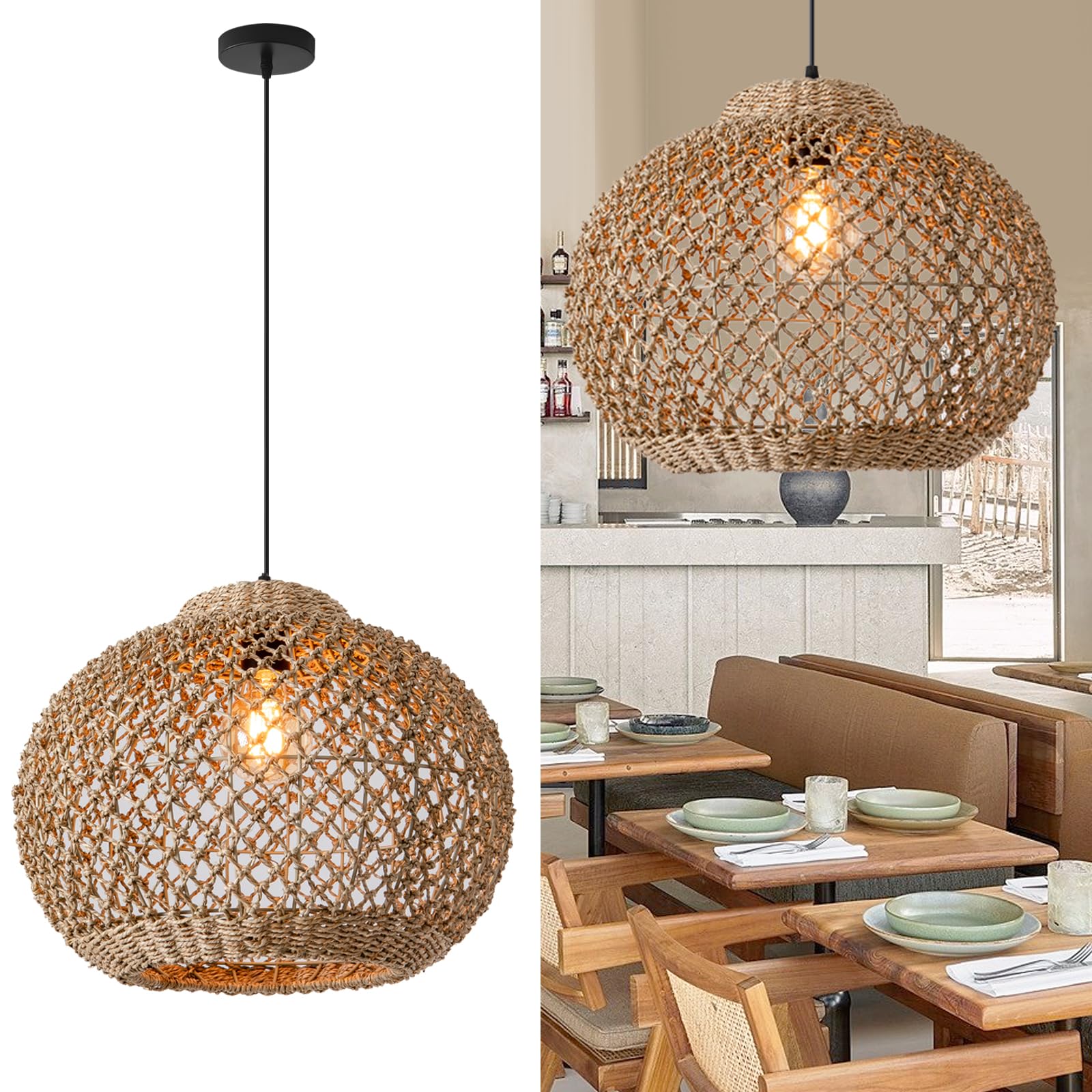 Teru Ji Kaikang 13.77'' Woven Rattan Pendant Light,Hand-Woven Water Plants Rattan Chandelier Boho Wicker Coastal Retro Ceiling C