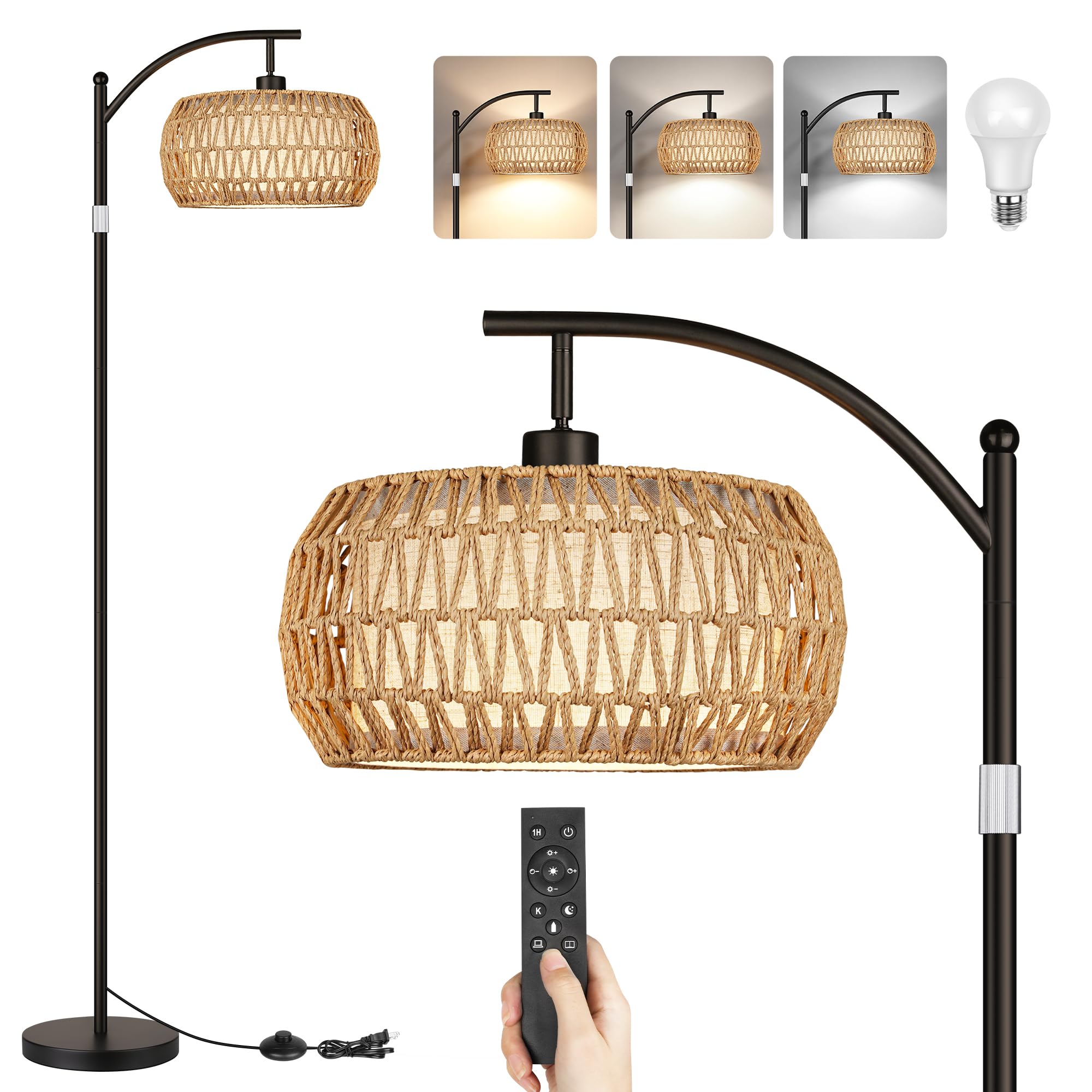 ROTTOGOON Boho Floor Lamp with Dimmable Bulb, Rattan &Linen Double Shades, Boho Standing Tall Lamps with Foot Switch, Bohemian F