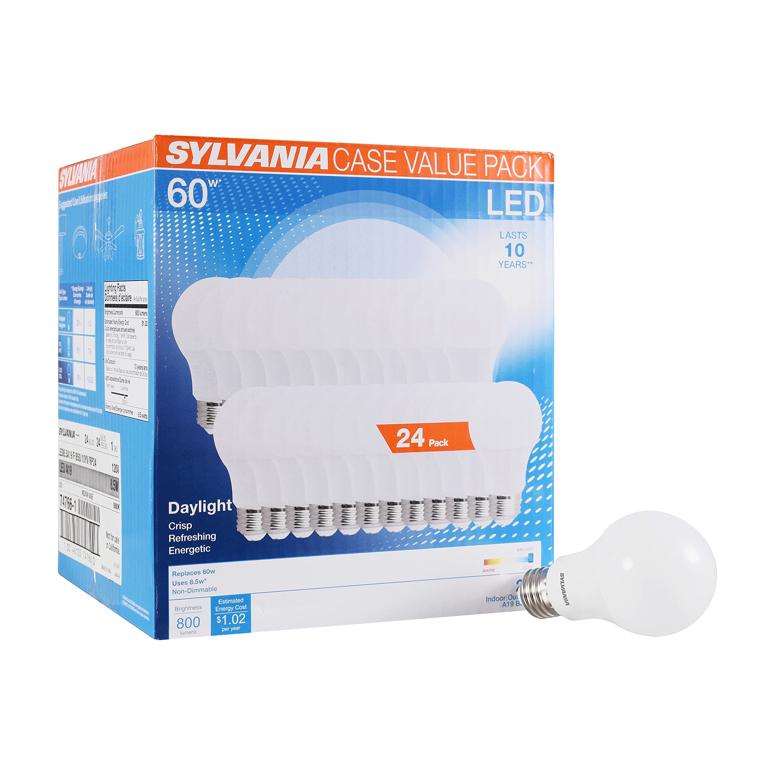Sylvania Led A19 Light Bulb, 60W Equivalent, Efficient 8.5, 10 Year, W, 5000K, 800 Lumens, Frosted, Daylight - 24 Count (Pack Of