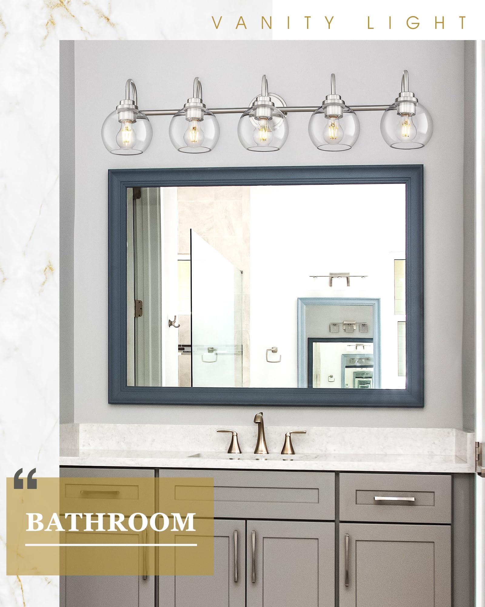 Audickic 5-Light Bathroom Vanity Light Fixtures, Brushed Nickel, Globe Clear Glass, 35 Inch, Model AD-22280-5W-SN