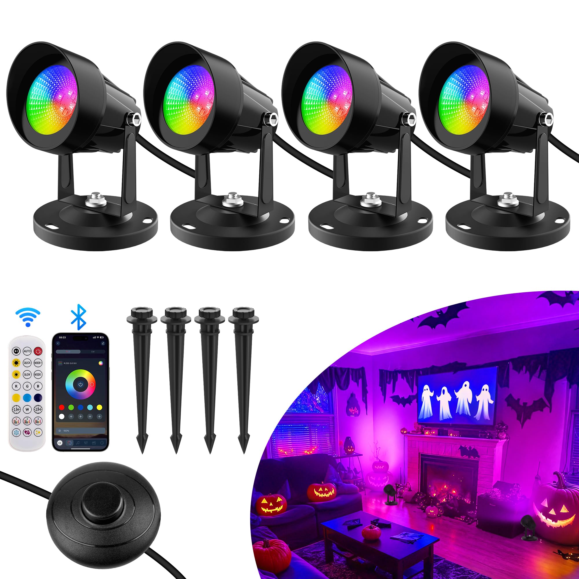 T-SUN Smart RGBW Spotlights, App & Remote Control, Dimmable, Waterproof, Set of 4, Multicolor, Model TS-F2020-1H