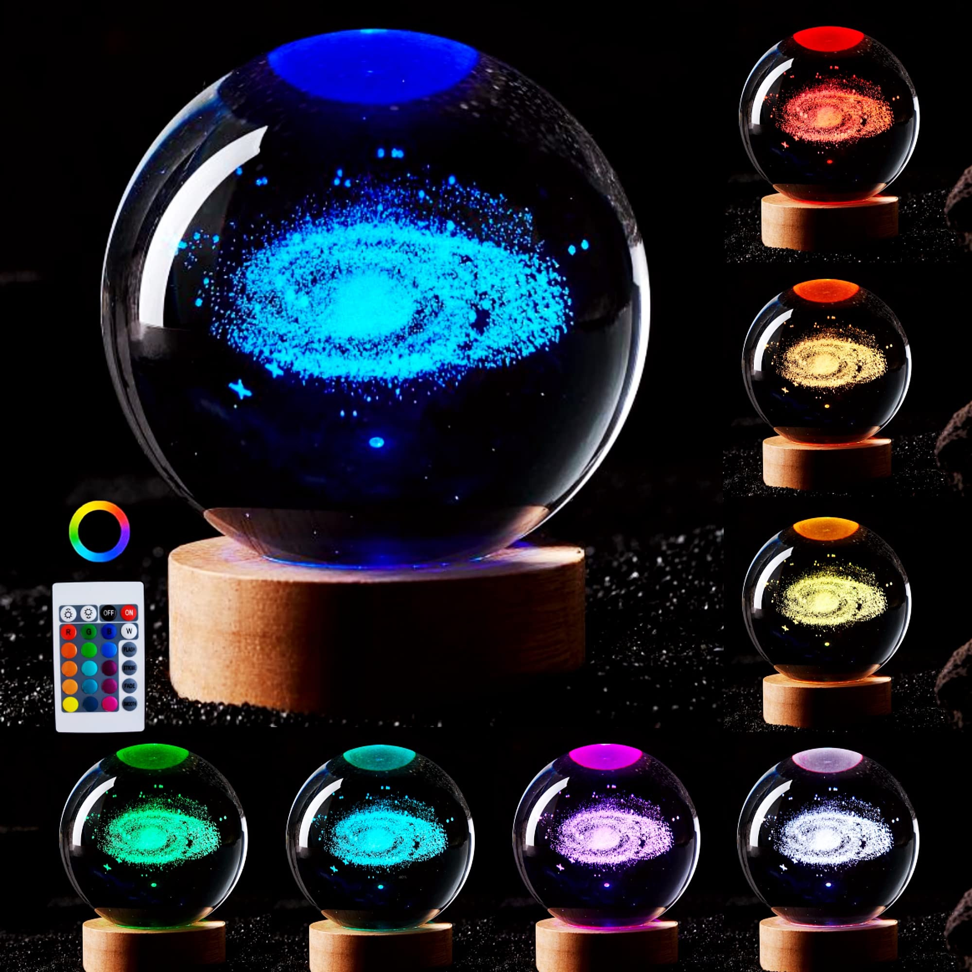 3D Galaxy Crystal Ball Lamp,3.15 Inch K9 Crystal Ball Night Light With Wooden Base,16 Colors Changing Light With Dimmable Remote Control,3D Laser Engraving Holographic Lamp (Galaxy)