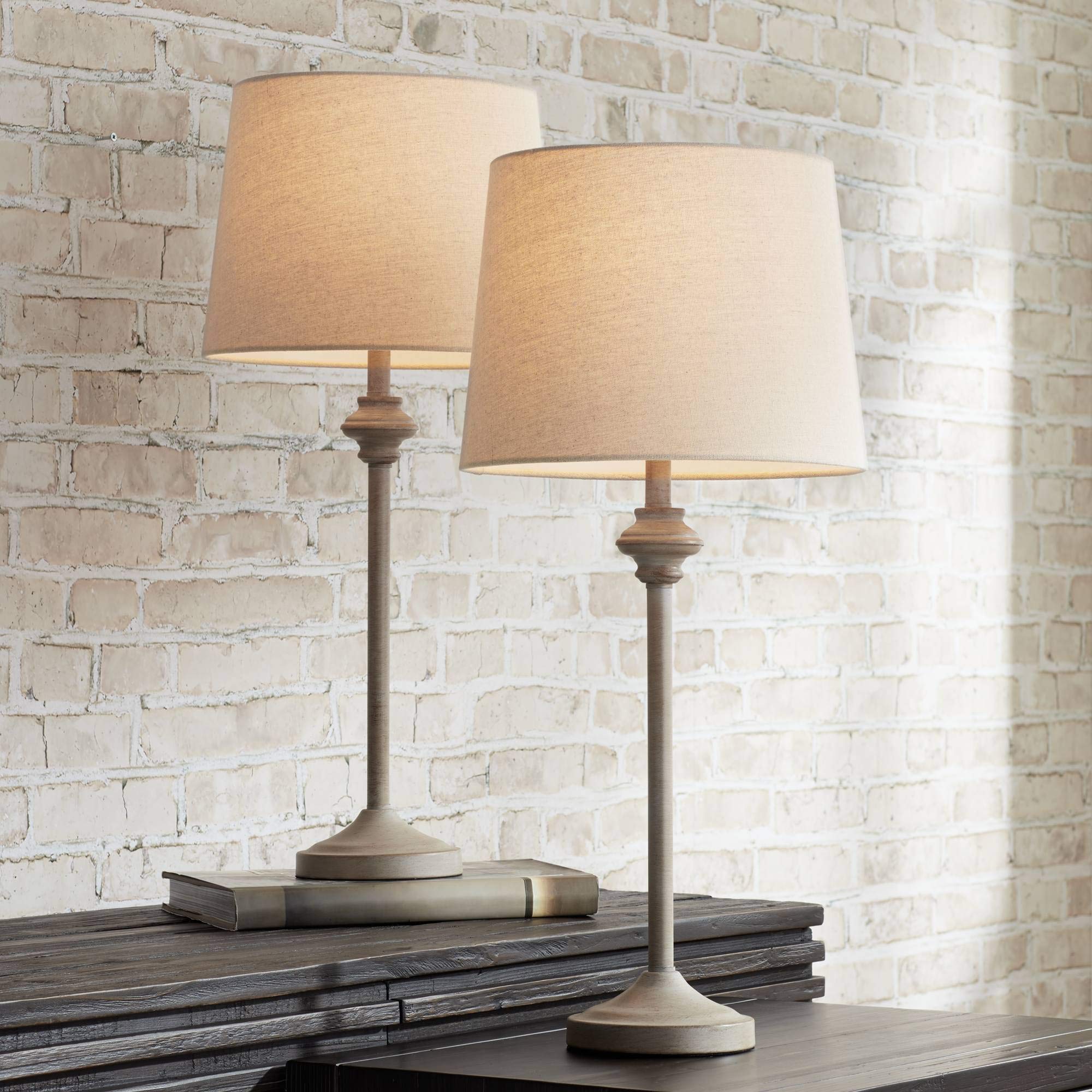 360 Lighting Lynn Country Cottage Rustic Buffet Table Lamps 26 3/4'' Tall Skinny Set of 2 Light Beige Wood Oatmeal Fabric Tapere