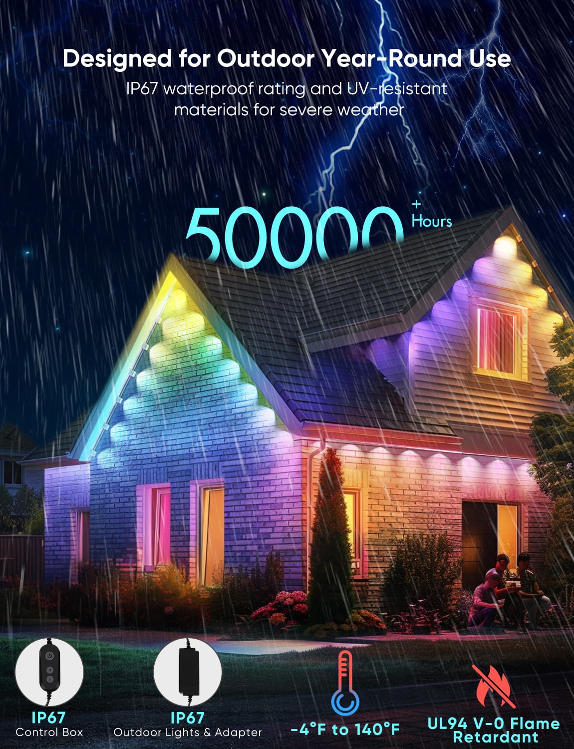 APPECK RGBCW Smart Eaves Lights Pro, 200ft, 144 LEDs, IP67 Waterproof, Works with Alexa, Model C5106-A, White