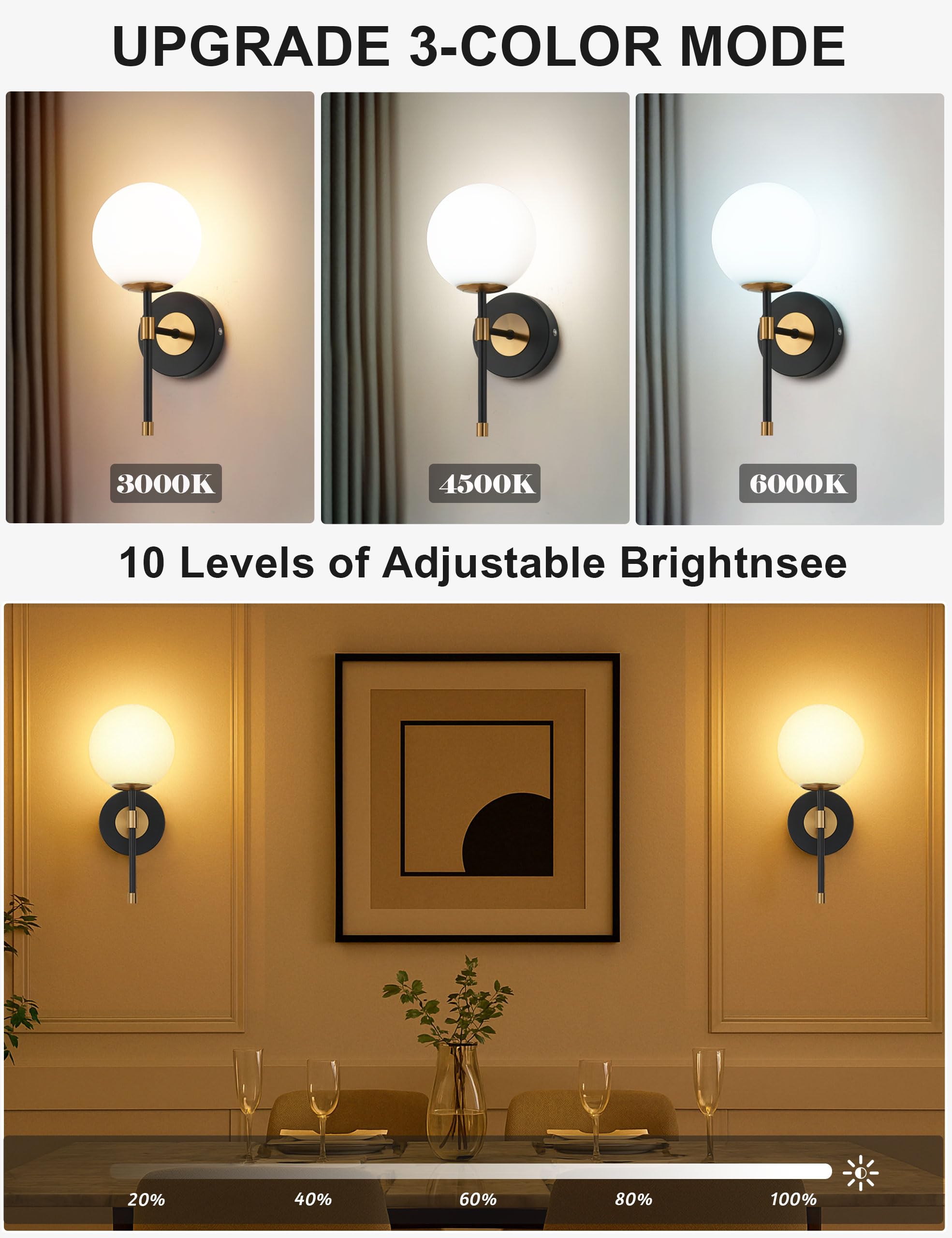 MSTETO Wall Sconces Set of 2, Black & Gold, Battery Operated, Wireless with Remote, Rechargeable, Modern Design, Model MTIW-108BG