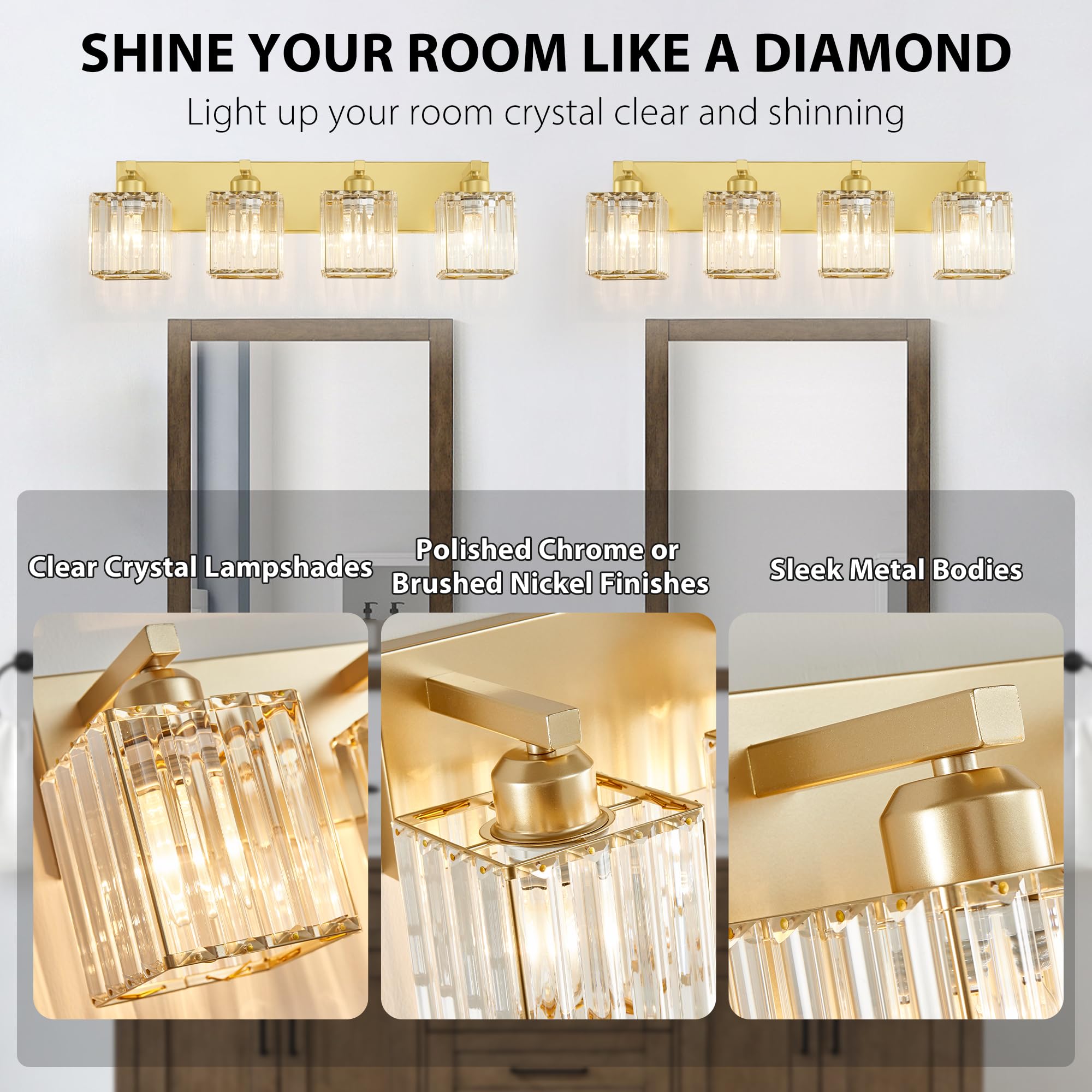 Bathroom Vanity Light Fixtures Over Mirror 4 Crystal Lights - Makeup Lighting Pure Gold - For Modern Wall  Bath  Desk  Farmhouse  Hallway
