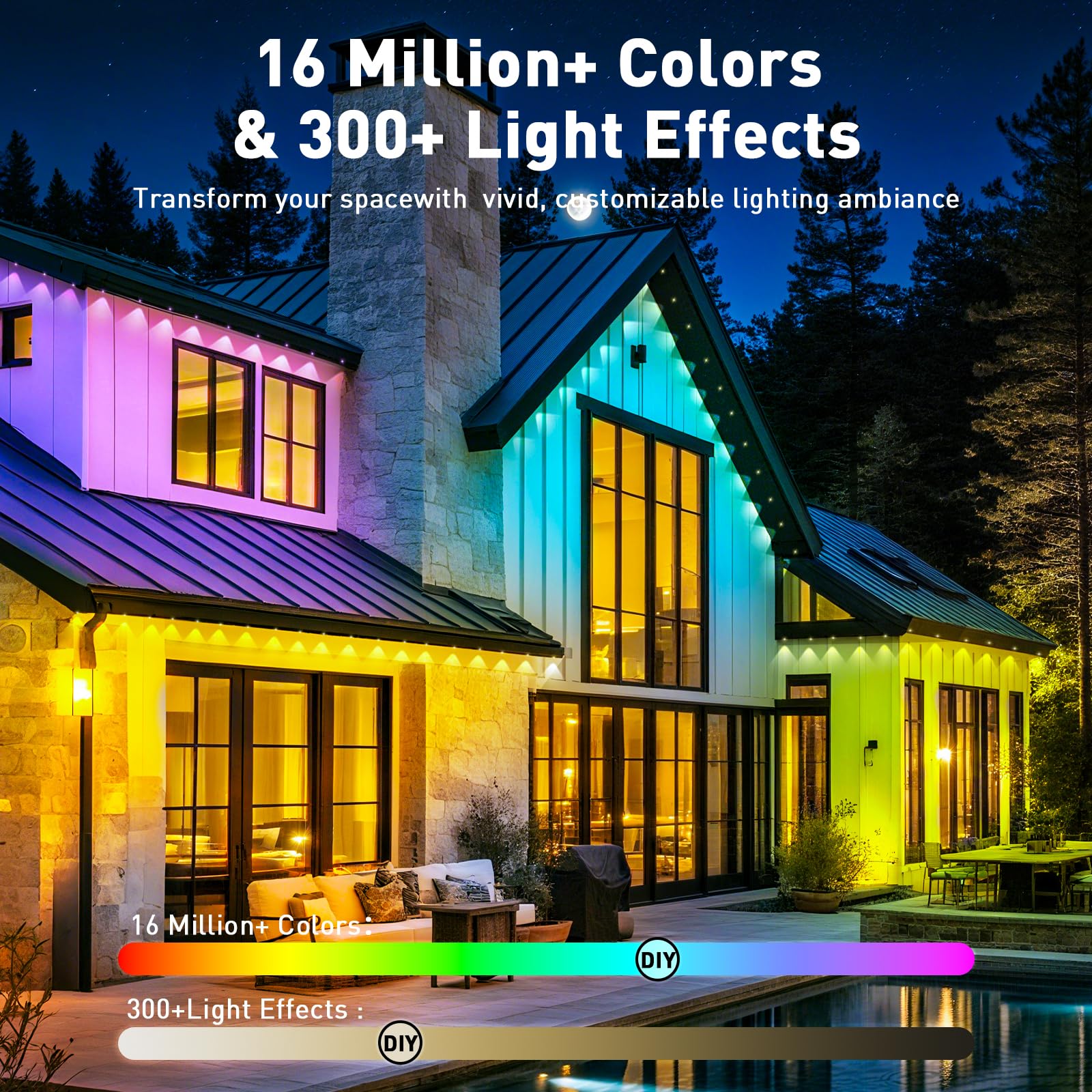 YIBULAYIN 100FT Smart RGB Outdoor Lights, Waterproof LED Eaves Lighting, Multicolor, Model X50, App/Remote Control
