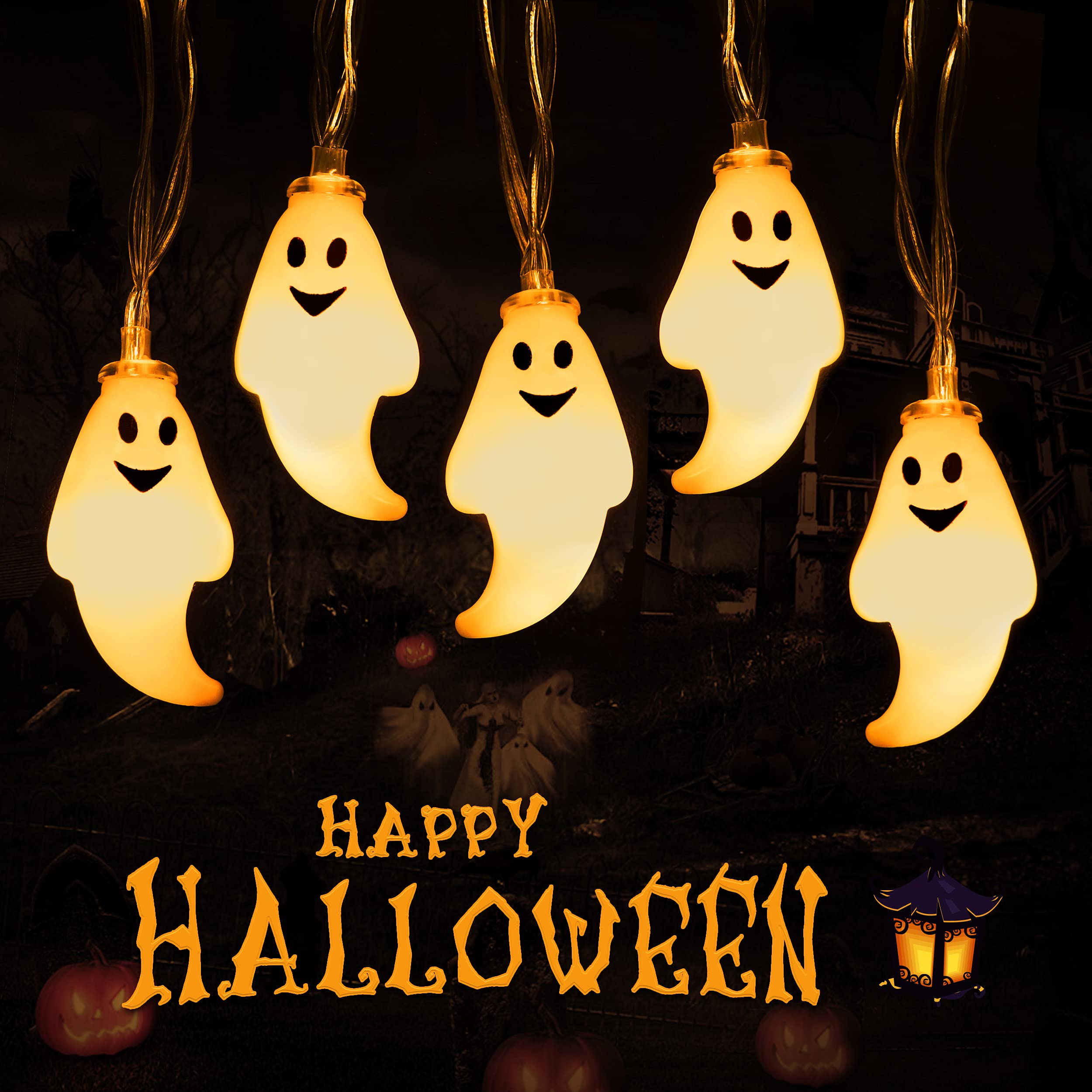 JMEXSUSS 30 LED Halloween String Lights, Battery Operated Ghost String Lights, Cute Halloween Lights Indoor for Kids Fireplace Party Porch Room Halloween Decorations (Warm White)