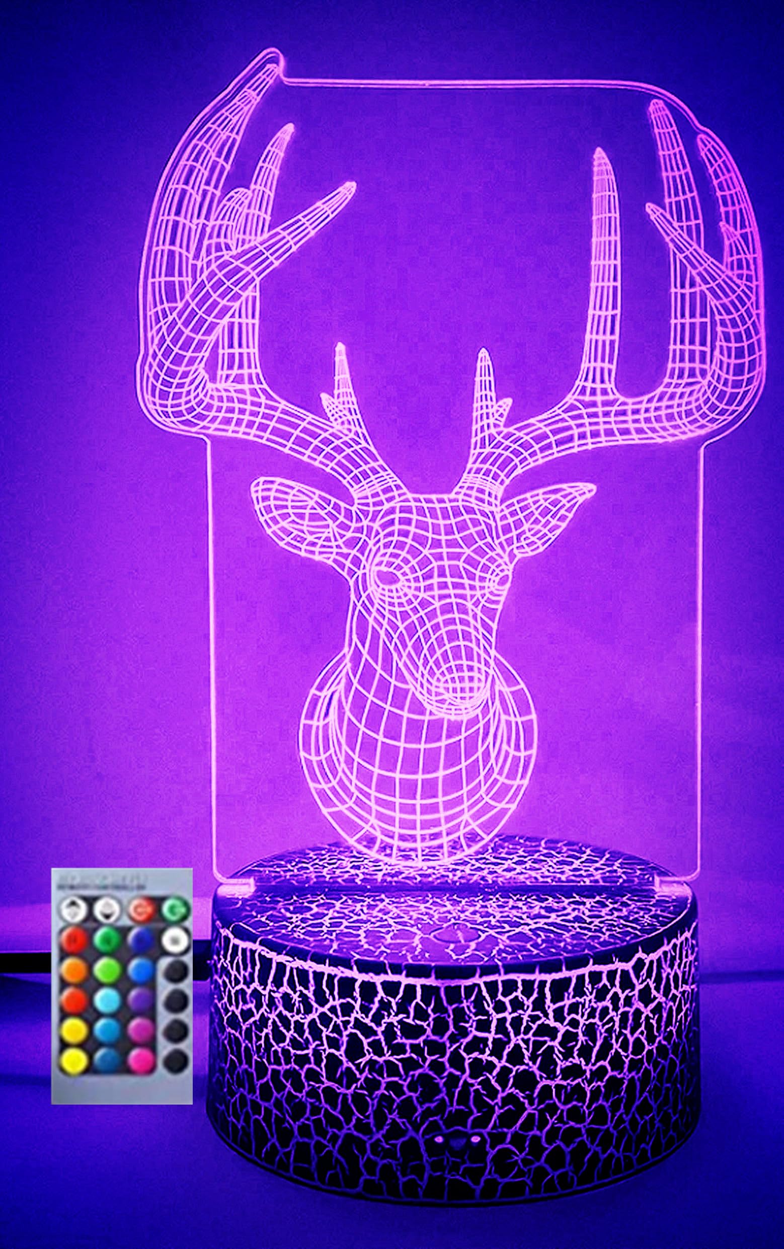Jinnwell 3D Deer Night Light Lamp Illusion Night Light 16 Color Changing Table Desk Decoration Lamps Gift Acrylic Flat ABS Base 