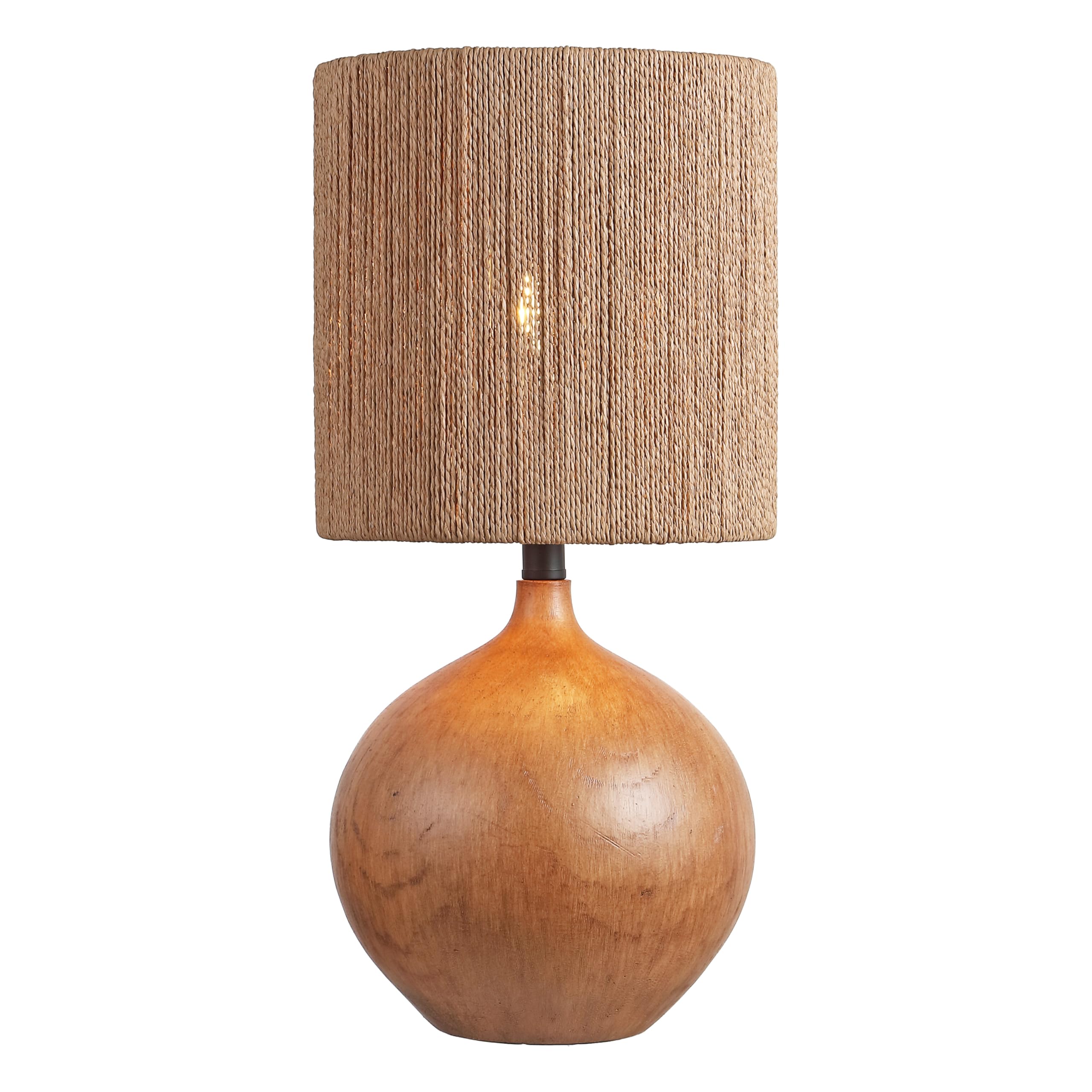 JONATHAN Y 22.75 Brown Wood Finish Rustic Bohemian Table Lamp for Bedroom, Round Farmhouse Bedside Nightstand Lamp, Brown Paper 