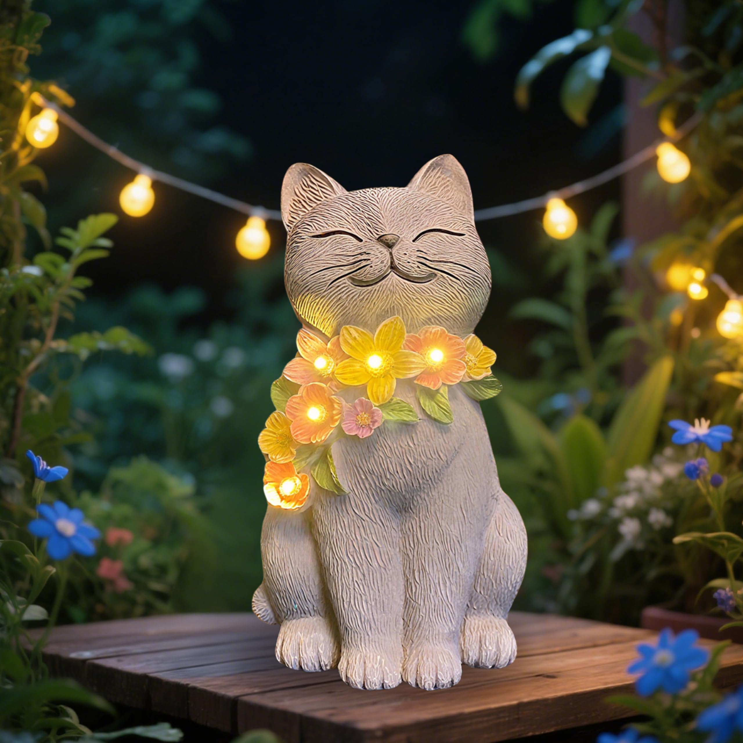 LEAESMHR Solar Cat Garden Statue for Outdoor Decor  Cat Solar Light with Flowers  Resin Cats Figurine for Garden  Yard  Lawn Decor  Cats Lover Gifts for Women