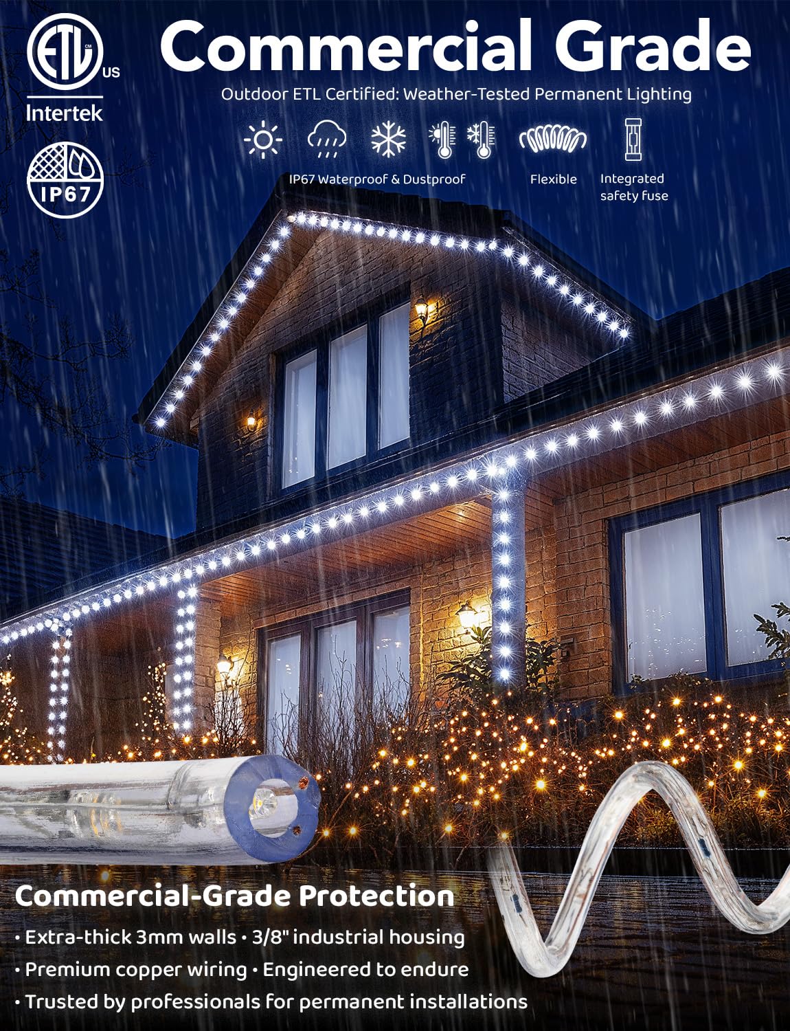 Wyzworks 216Leds, 20Ft Led Rope Light, Connectable Waterproof Permanent Outdoor Clear Pvc Tube, Etl Certified, Christmas Trees Holiday Decorative Landscape Backyard Patio Accent Lighting - Cool White