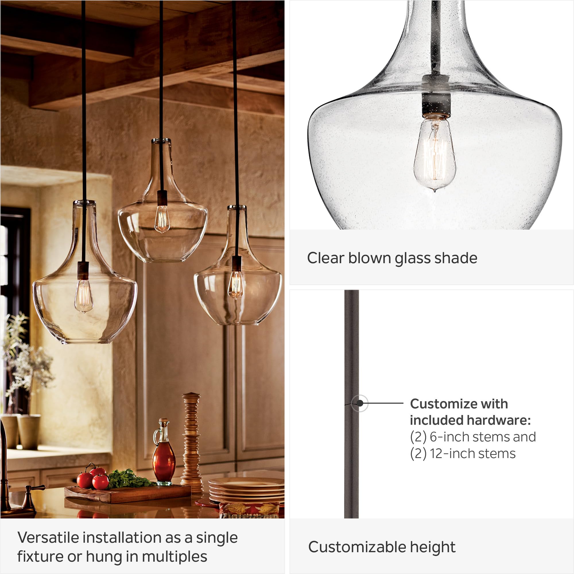 Kichler Everly 1-Light Pendant, Clear Glass, Natural Brass, 15.25in x 10.5in, Model 42456NBR