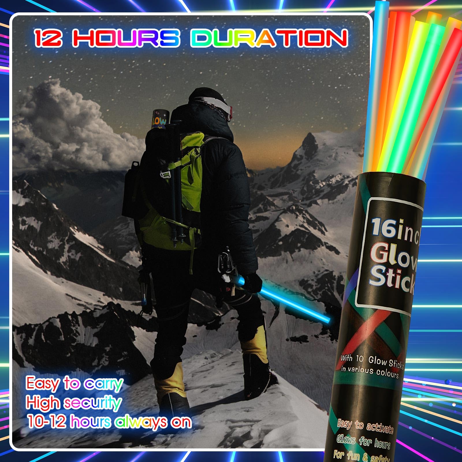 Lewtemi Glow Sticks - 10 Pcs Jumbo 16 Inch Emergency Light Sticks, Bright Colors for Halloween, Camping, Survival Kit