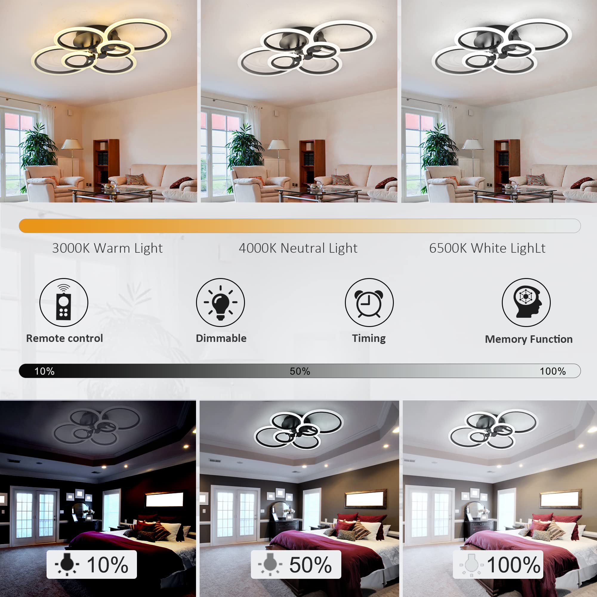 Sjv Modern Ceiling Light Fixture: Dimmable Led Flush Mount Ceiling Lamp - Black 31.4" Kitchen Ceiling Lights,6Rings Lighting Fixtures For Bedroom, Dining Living Room,Colors Change With Remote
