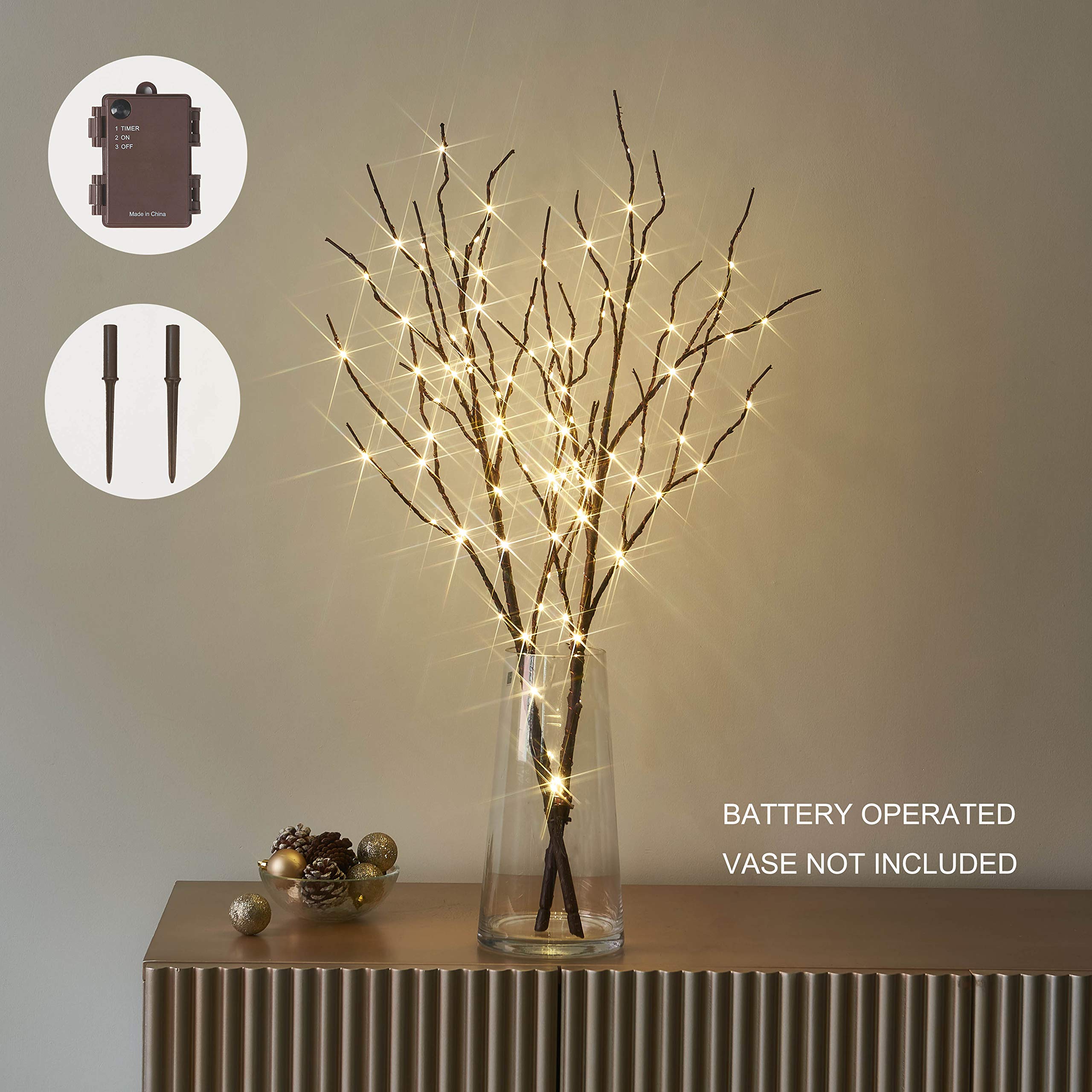 Hairui Lighted Brown Branches - 30" Battery Operated Fairy Lights with Timer, 100 LED Willow Lights for Indoor/Outdoor Holiday Decor
