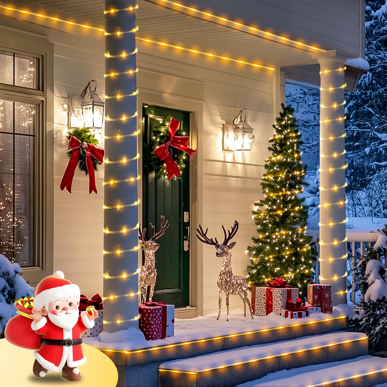 Potive 66Ft Battery Powered String Lights, 2 Pack Total 200 Led Outdoor Battery Operated Light, 8 Modes Battery Operated Rope Lights For Christmas Garden Walkway Patio Decorations (Warm White)