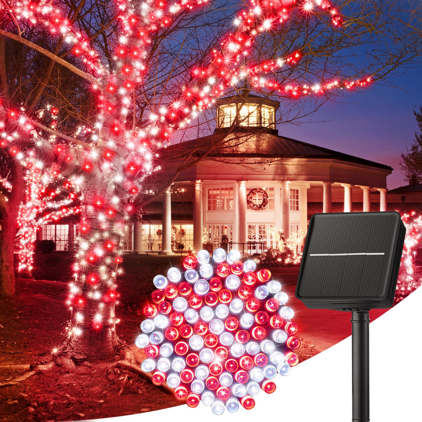 Minetom Solar Christmas Lights Outdoor Waterproof, 40FT 100 LED Solar Lights with 8 Modes, Solar Christmas Outdoor Decoration, Solar String Lights for Outside House Tree Party Yard, Red & Pure White