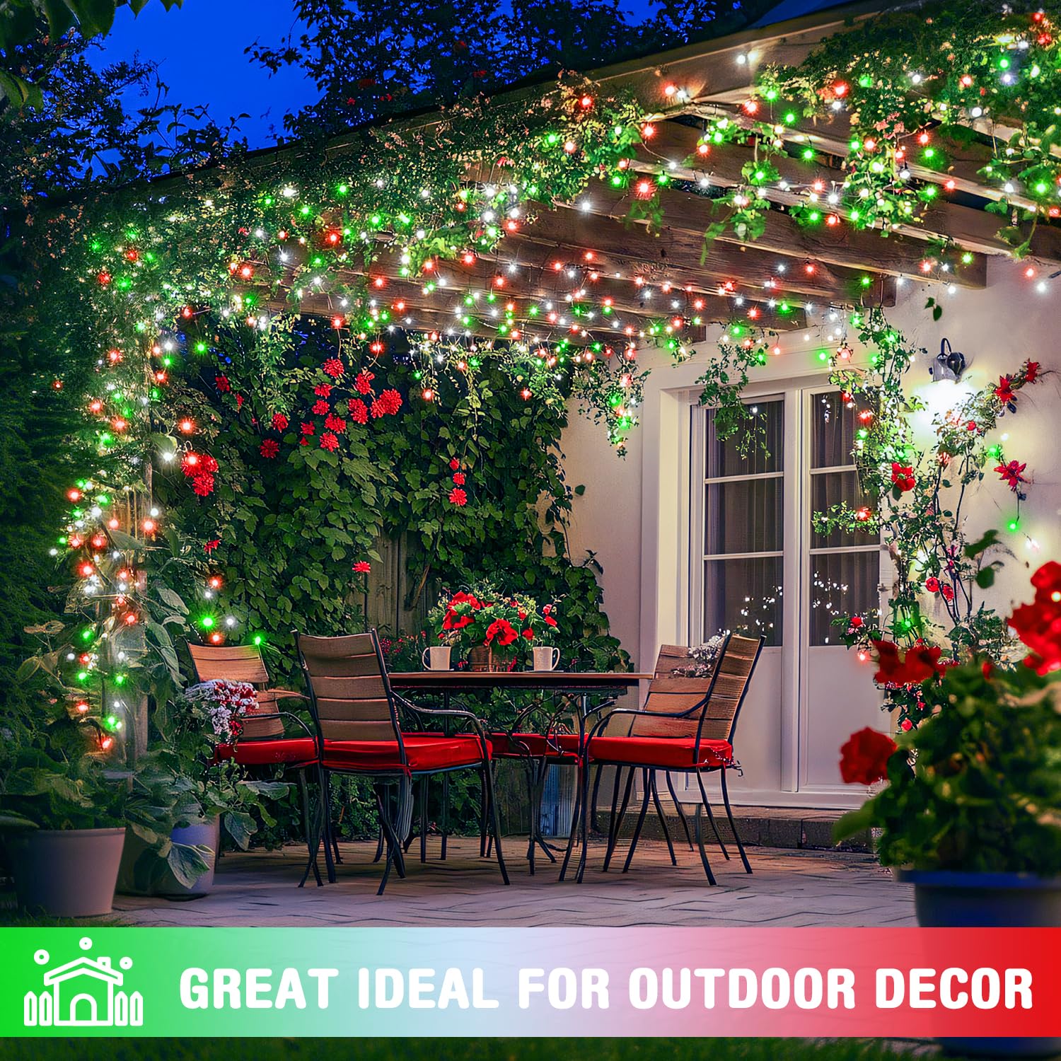 JMEXSUSS 100 LED Twinkle String Lights, Waterproof Indoor/Outdoor, 8 Modes, Clear Wire, Red White Green, Model EXS-S-0100