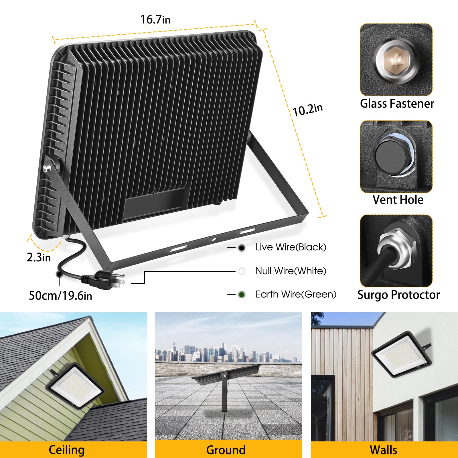 Yanycn 2 Pack 300W Warm White Led Flood Lights Outdoor,3000K Super Bright 43500Lm Security Lights With Plug,Exterior Ip66 Waterp